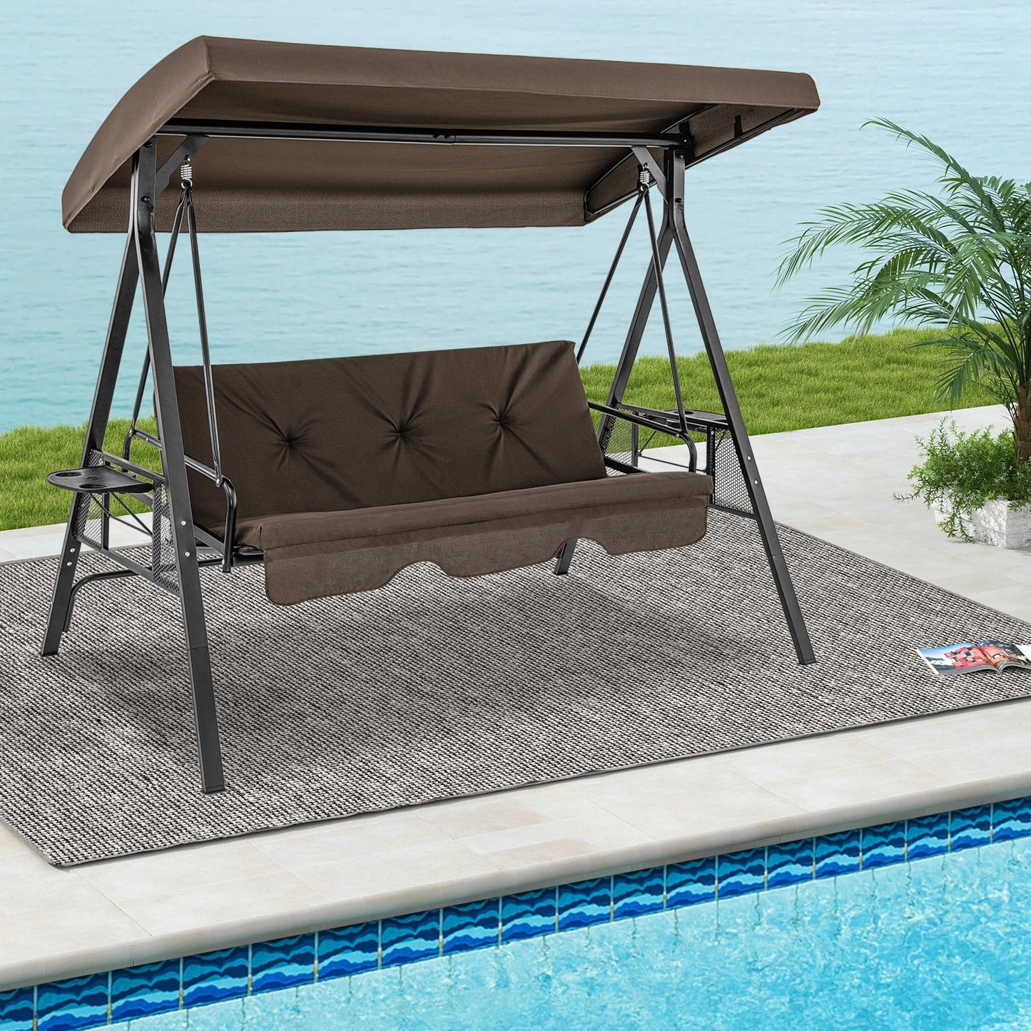 Convertible 3-Seat Patio Porch Swing Chair to Flat Bed with Adjustable Canopy-Brown