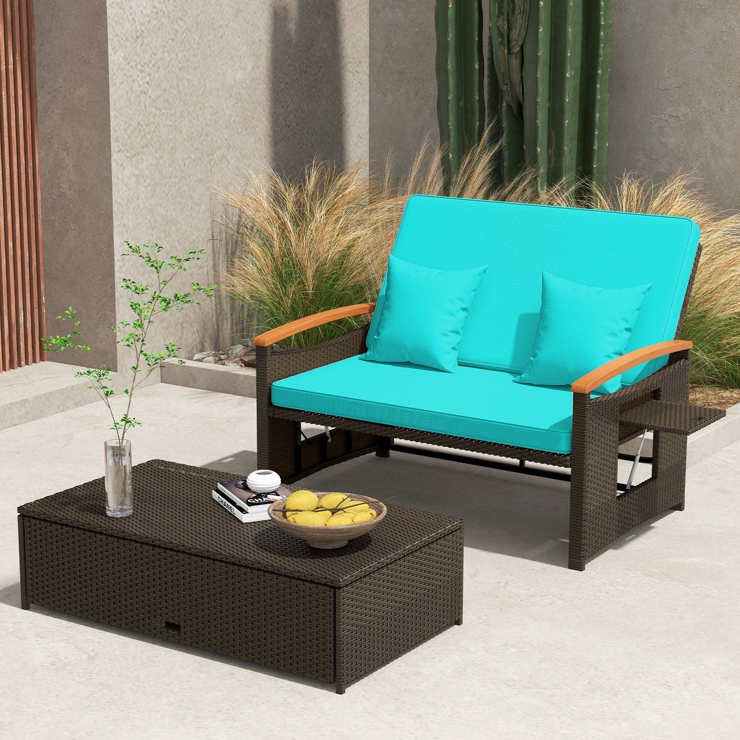 Outdoor Wicker Daybed with Folding Panels and Storage Ottoman-Beige