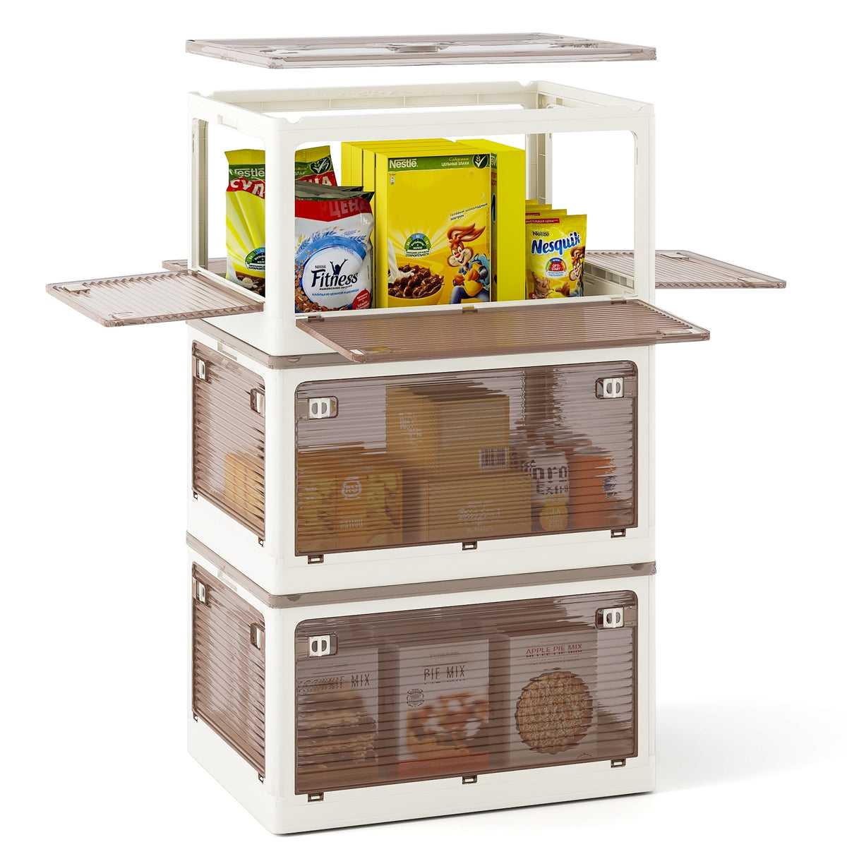 Three stackable 18-gallon storage bins with lids and five opening options, designed for living room organization by Wilsons Home Store