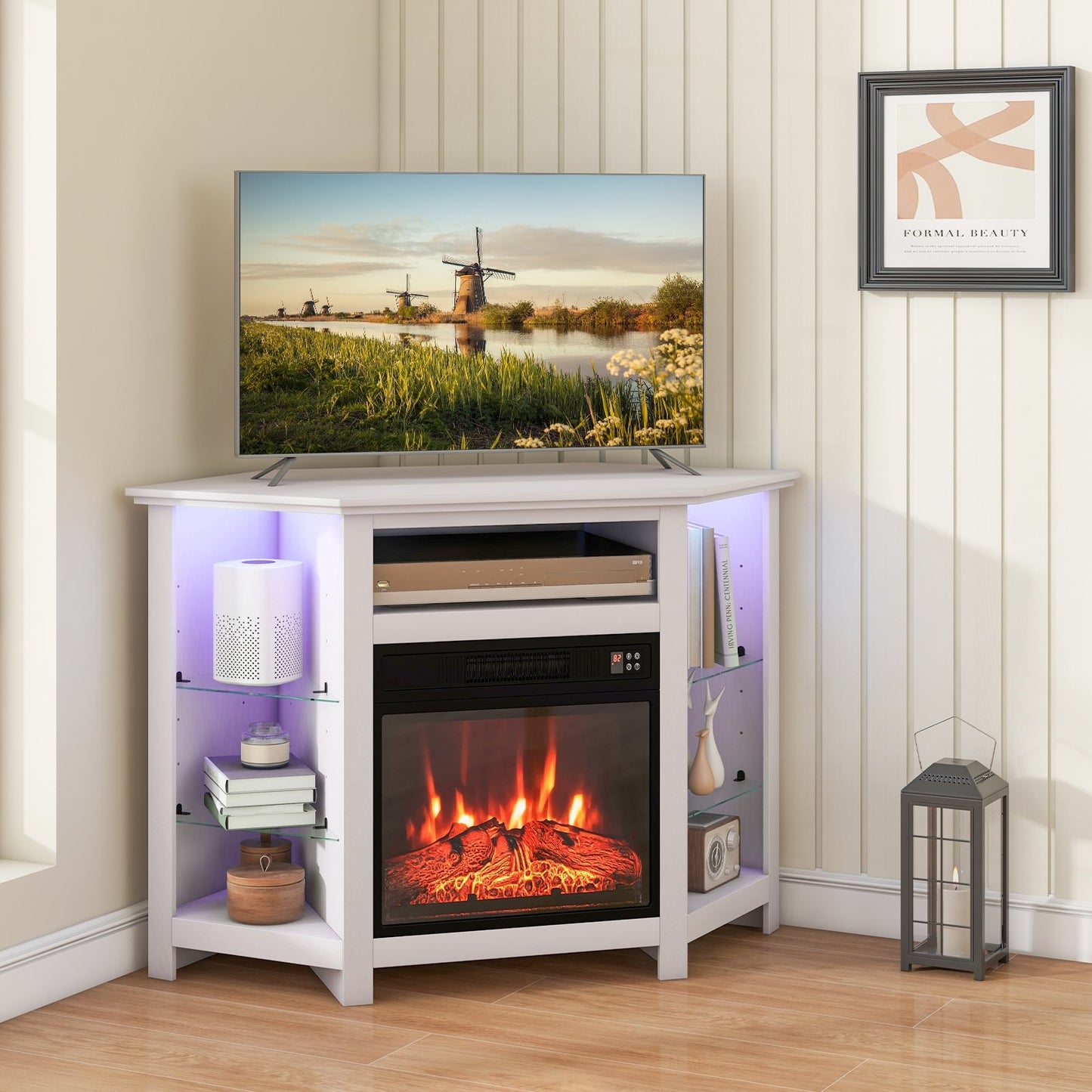 Fireplace Corner TV Stand with LED Lights and Smart APP Control for 50 Inches TV-Black