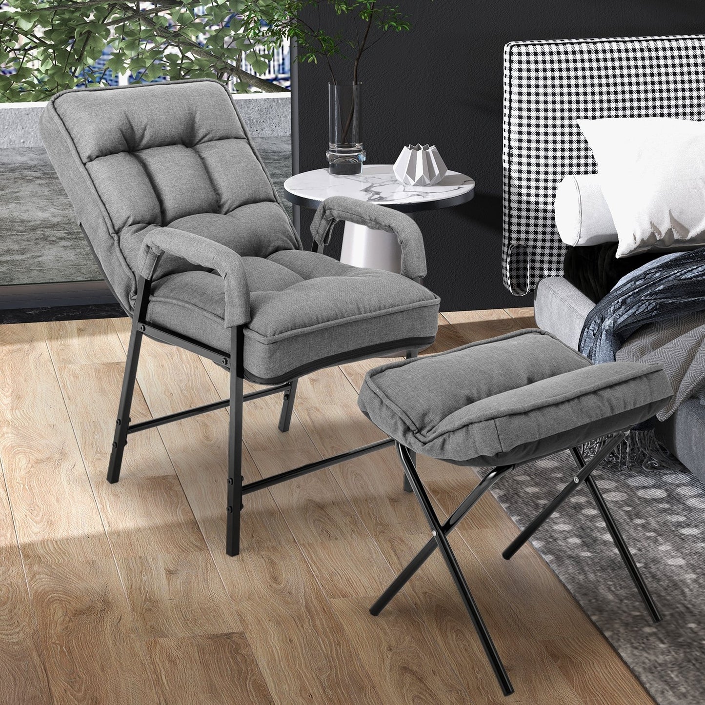 Linen Fabric Modern Accent Chair with Ottoman and Adjustable Backrest-Beige