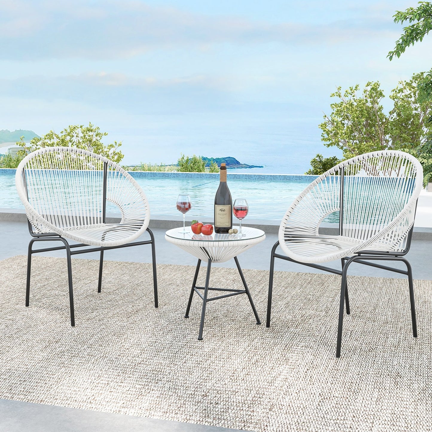3PCS Patio Acapulco Furniture Bistro Set with GlassTable-Black