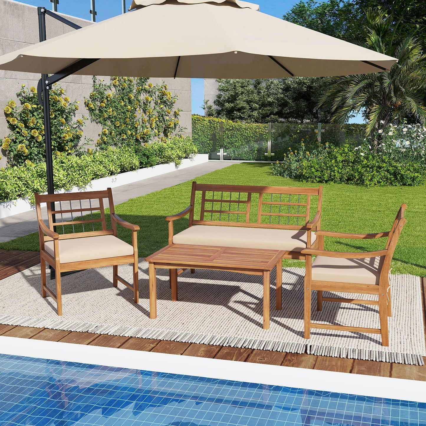 4 Piece Wood Patio Furniture with Armchairs Loveseat and Coffee Table-Gray