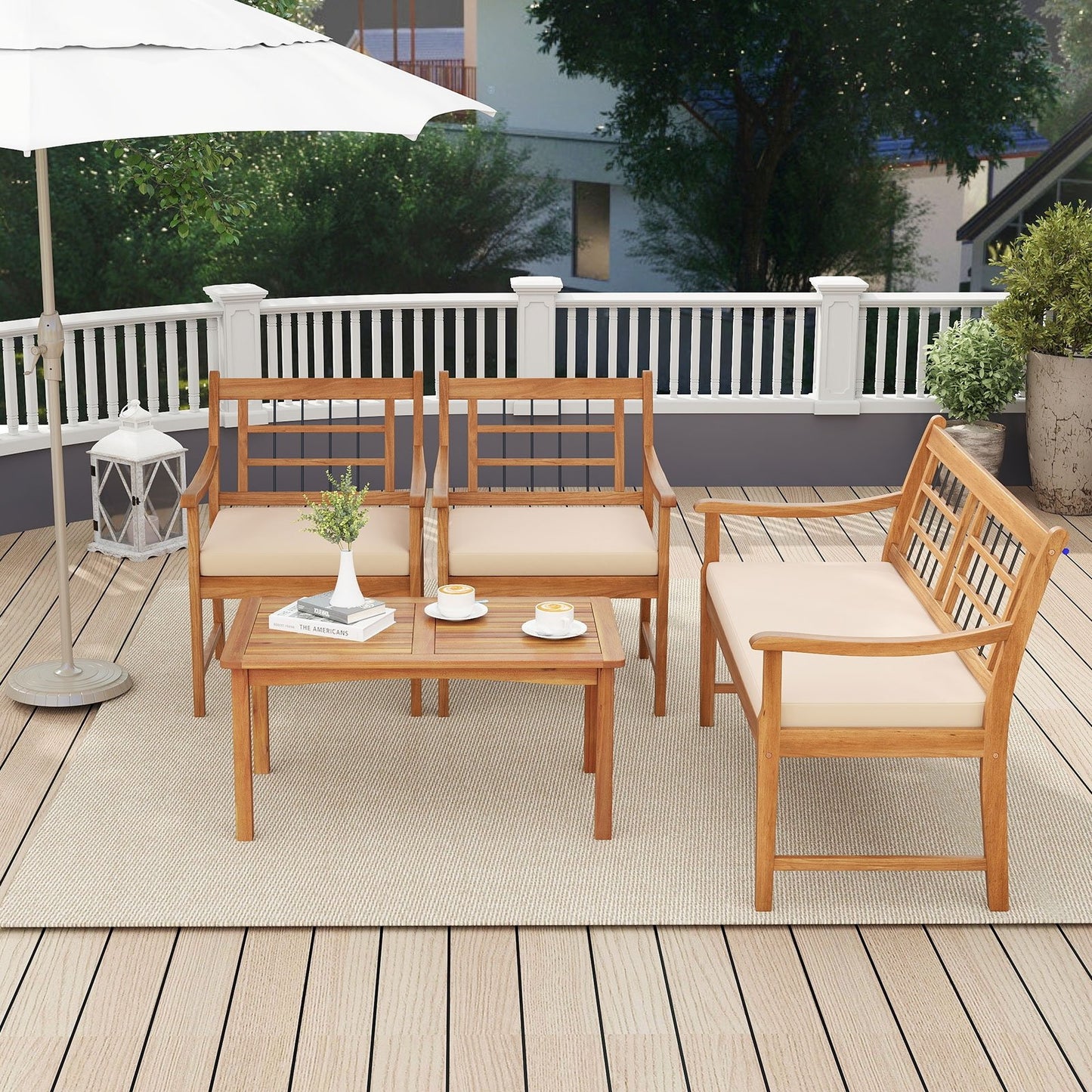 4 Piece Wood Patio Furniture with Armchairs Loveseat and Coffee Table-Gray