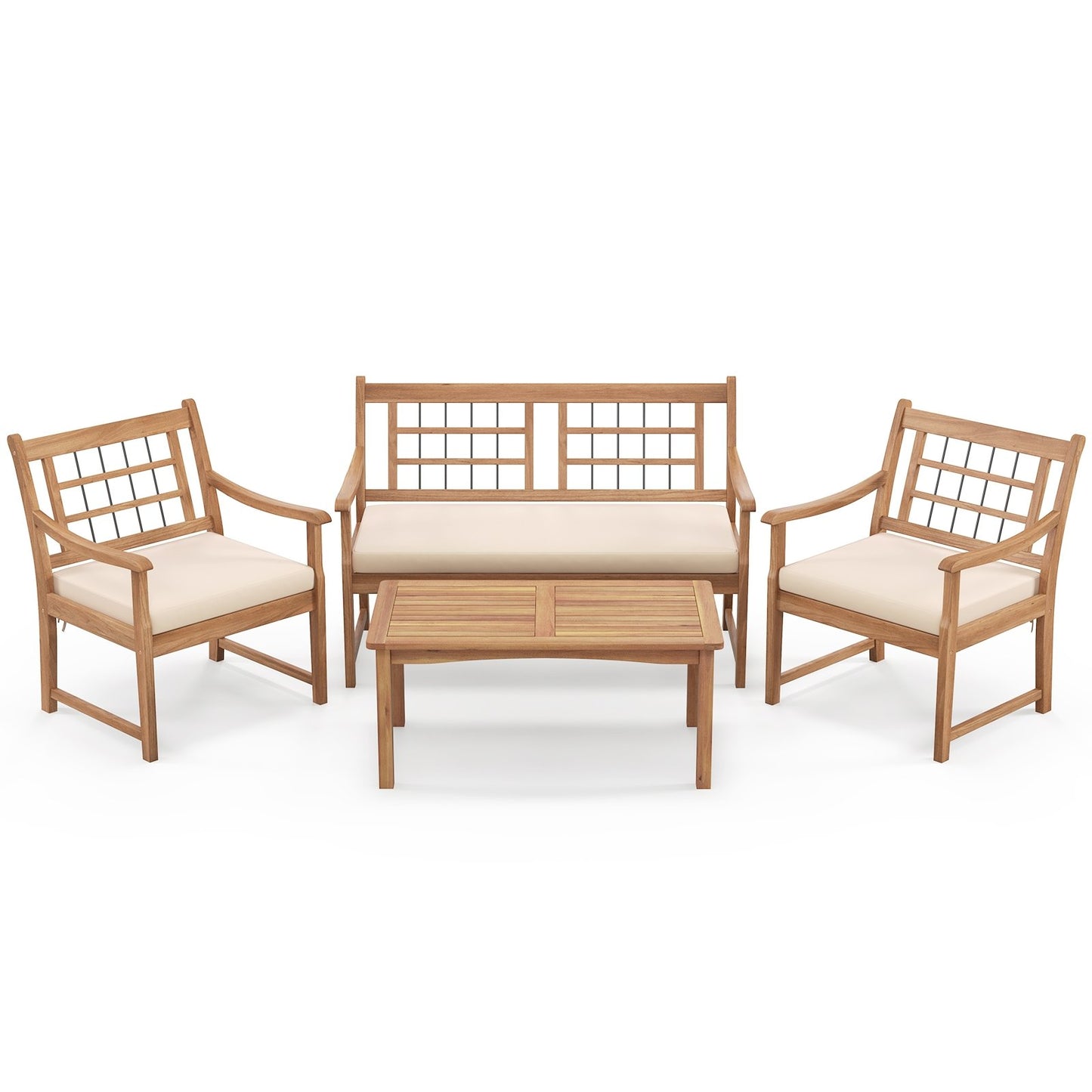 4 Piece Wood Patio Furniture with Armchairs Loveseat and Coffee Table-Gray