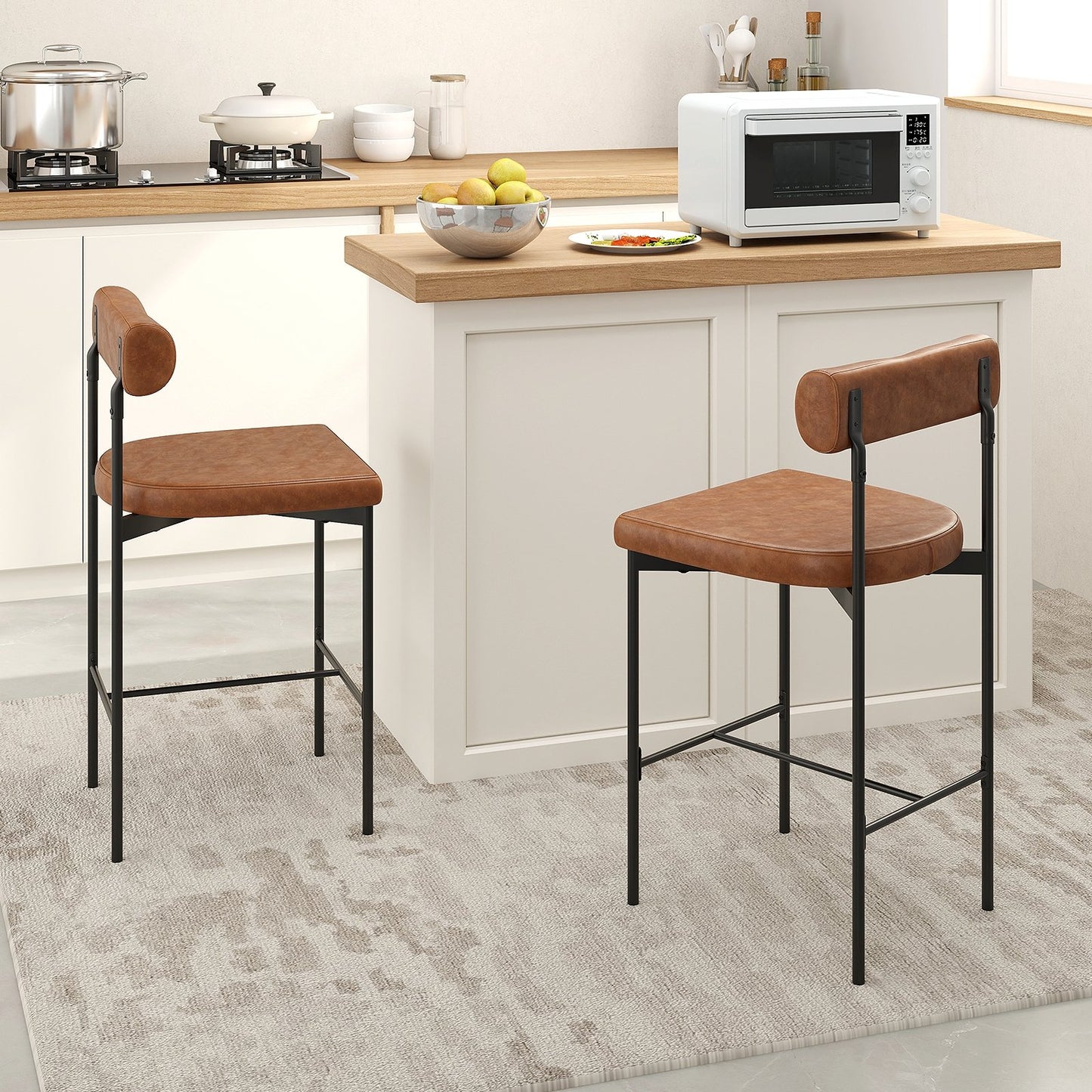 20 Inch Upholstered Bar Stools Set of 2 Counter Height Bar Chairs with Backrest-Brown