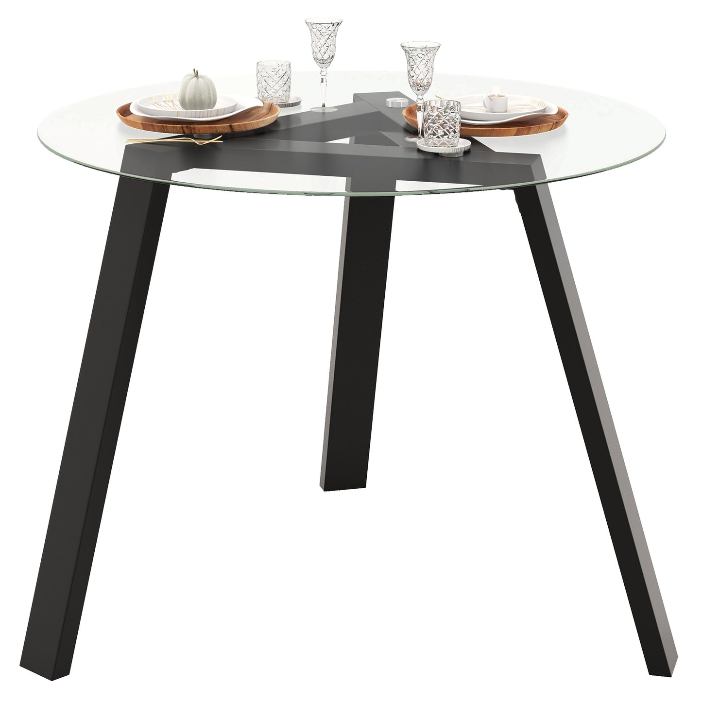 35.5 Inches Round Glass Dining Table for 4 with Rubber Wood Frame-Black