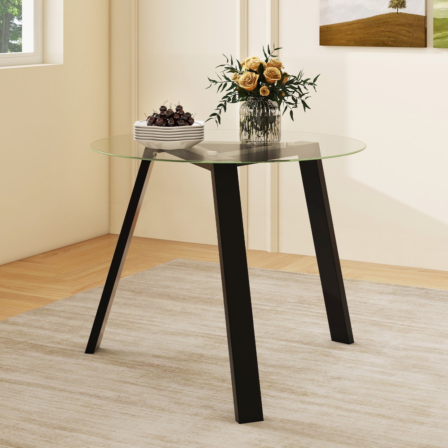35.5 Inches Round Glass Dining Table for 4 with Rubber Wood Frame-Black