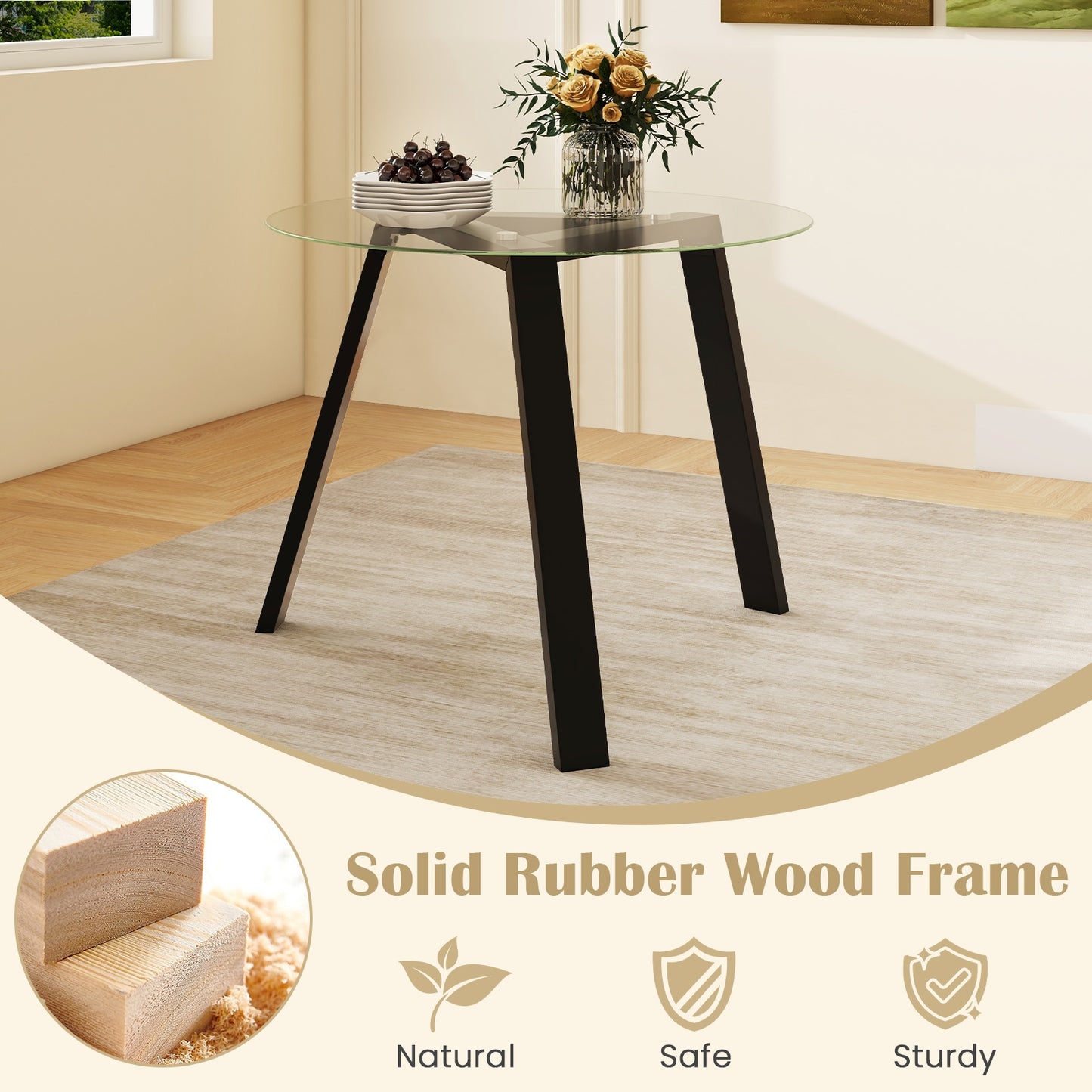 35.5 Inches Round Glass Dining Table for 4 with Rubber Wood Frame-Black