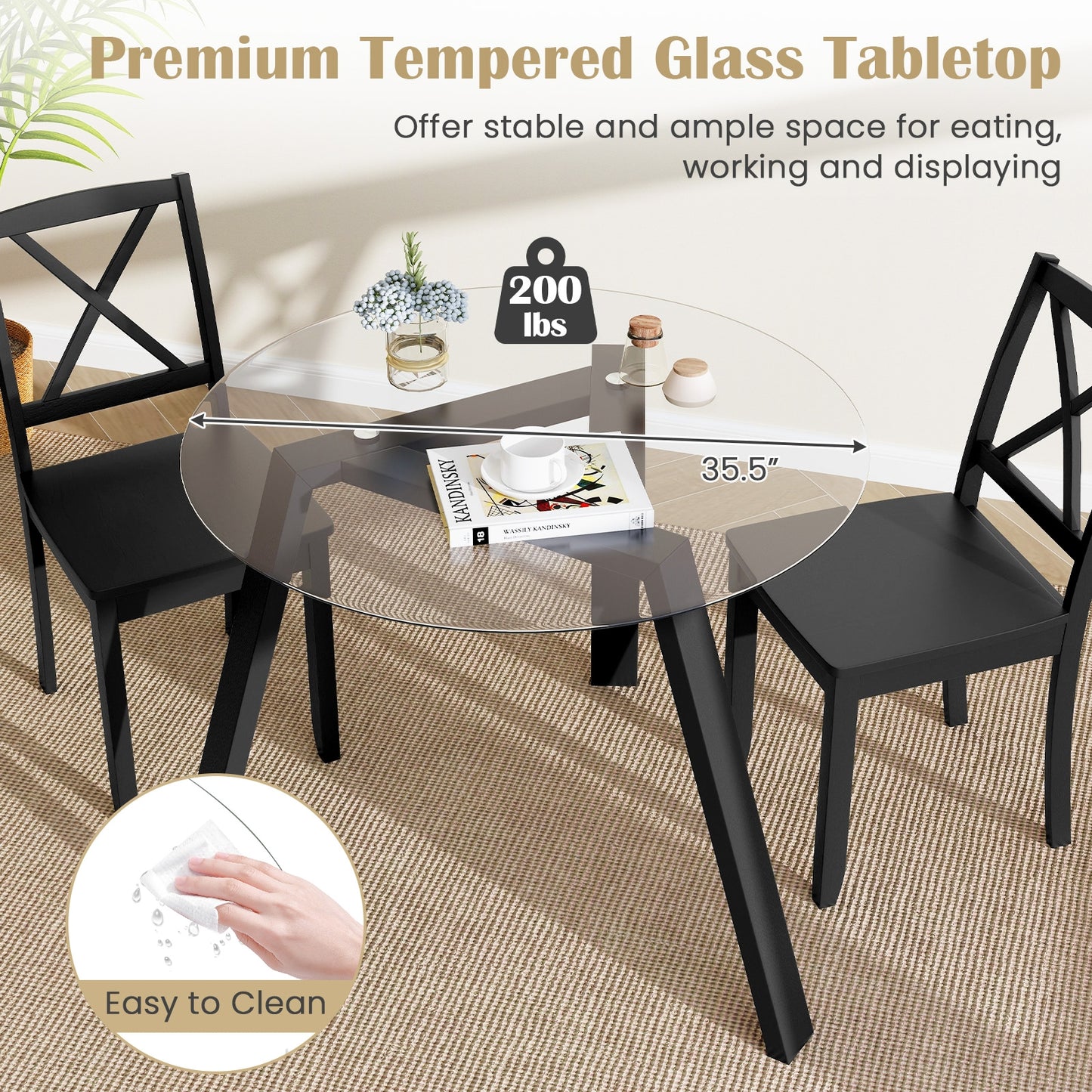 35.5 Inches Round Glass Dining Table for 4 with Rubber Wood Frame-Black
