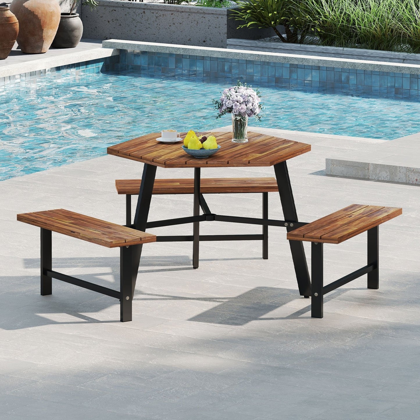 6 Person Acacia Wood Picnic Table Bench Set with 3 Seats