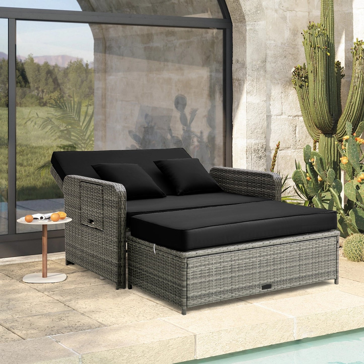 Patio Wicker Loveseat Sofa with Multipurpose Ottoman and Retractable Side Tray-Beige