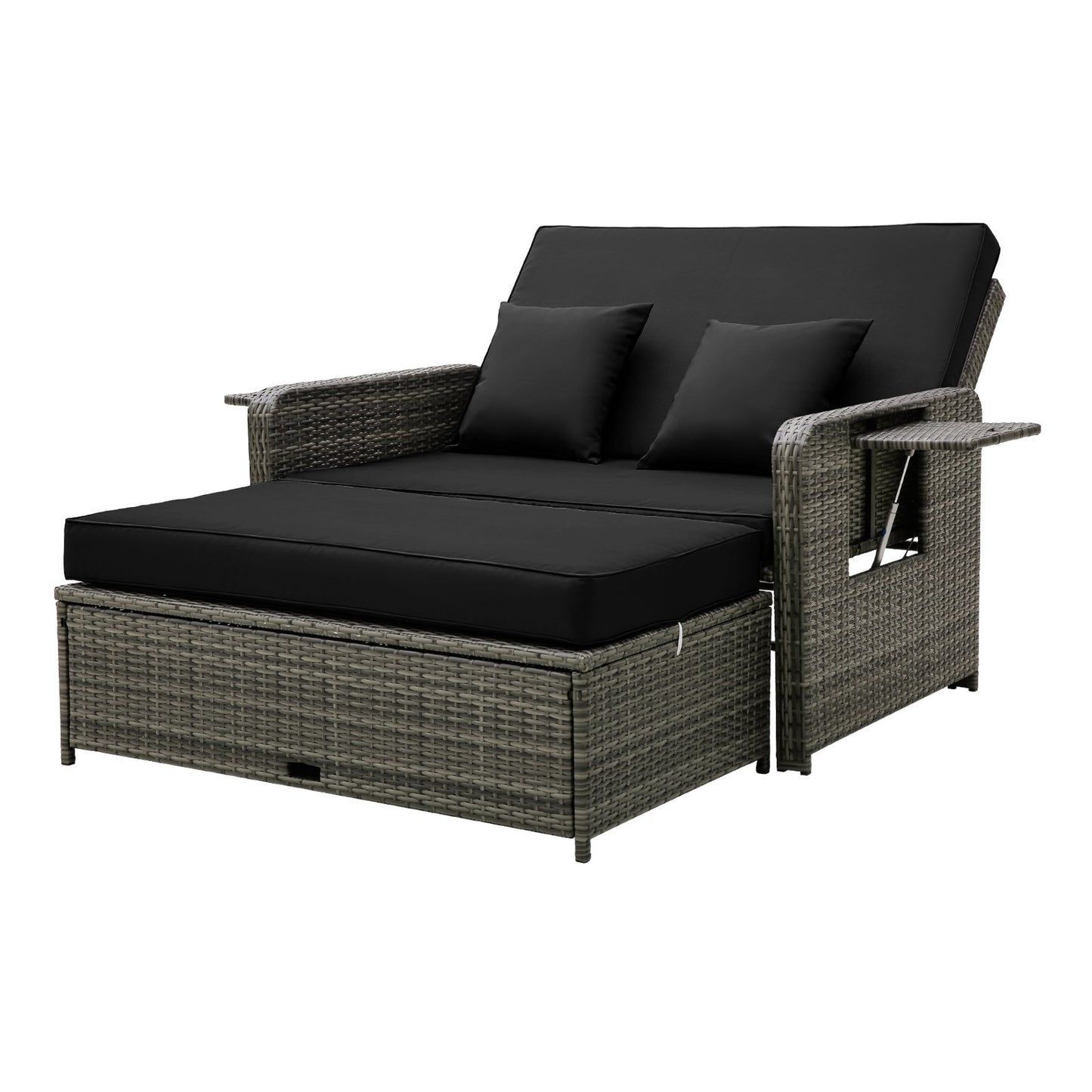Patio Wicker Loveseat Sofa with Multipurpose Ottoman and Retractable Side Tray-Beige