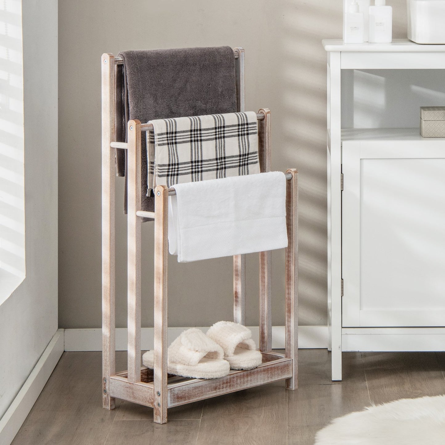Freestanding Towel Rack 3-Bar Hand Towel Drying Stand with Bottom Storage Shelf-Rustic Brown