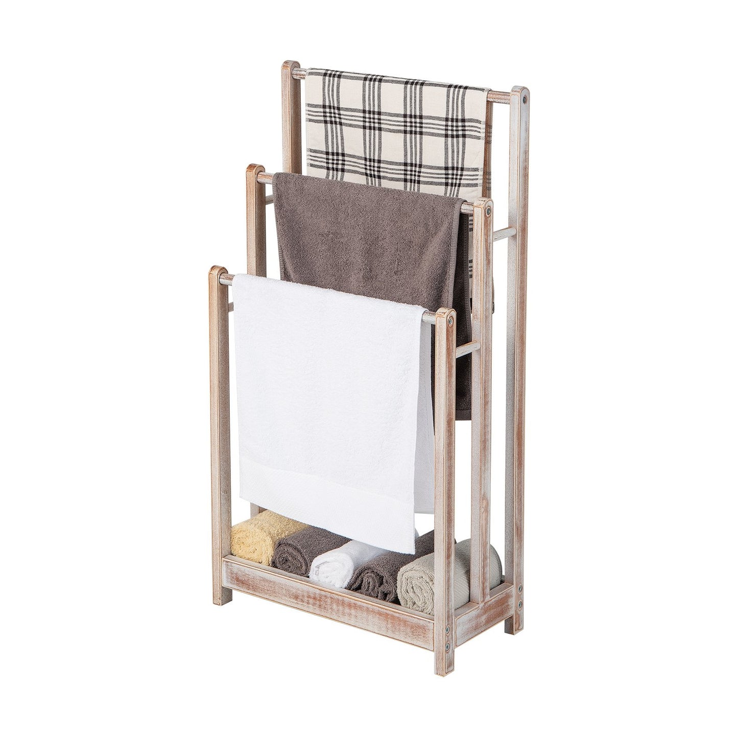 Freestanding Towel Rack 3-Bar Hand Towel Drying Stand with Bottom Storage Shelf-Rustic Brown