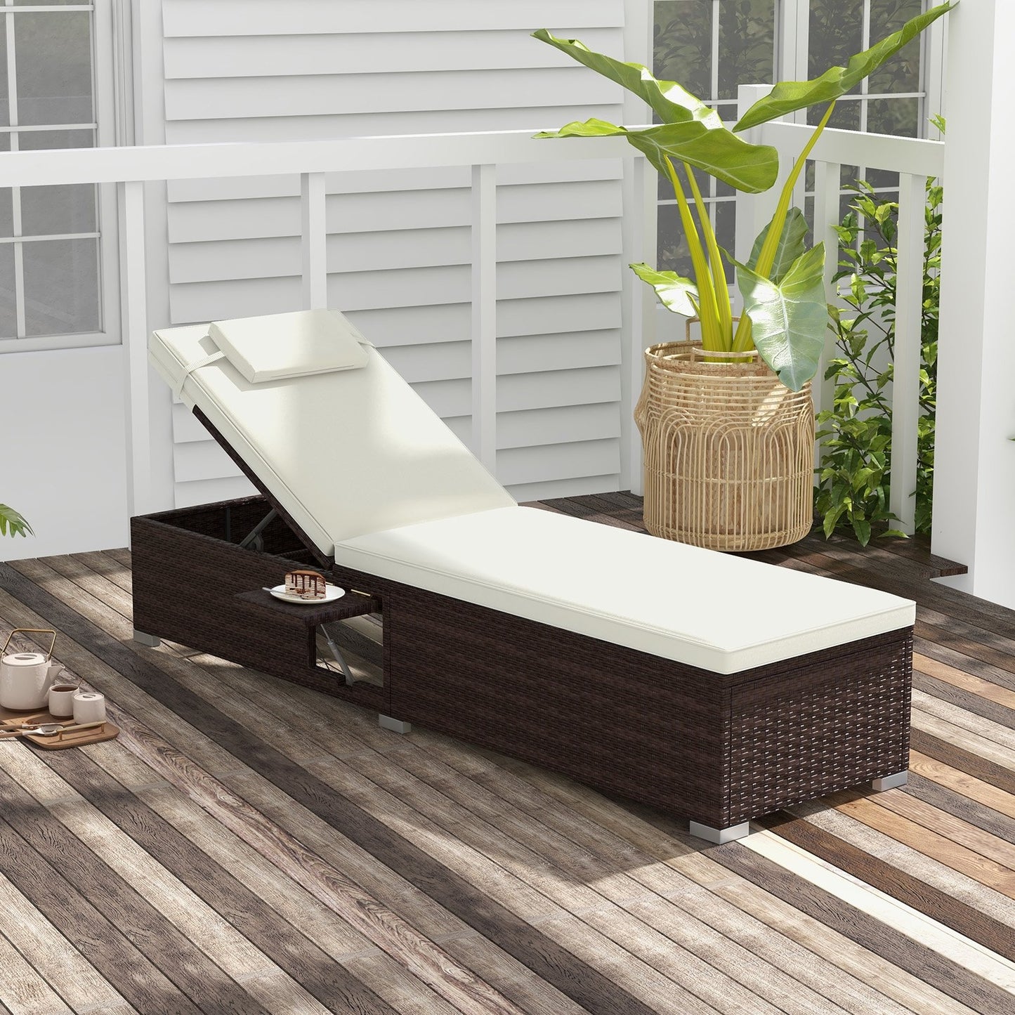 Outdoor PE RattanChaise Lounge with 6-level Backrest-Navy