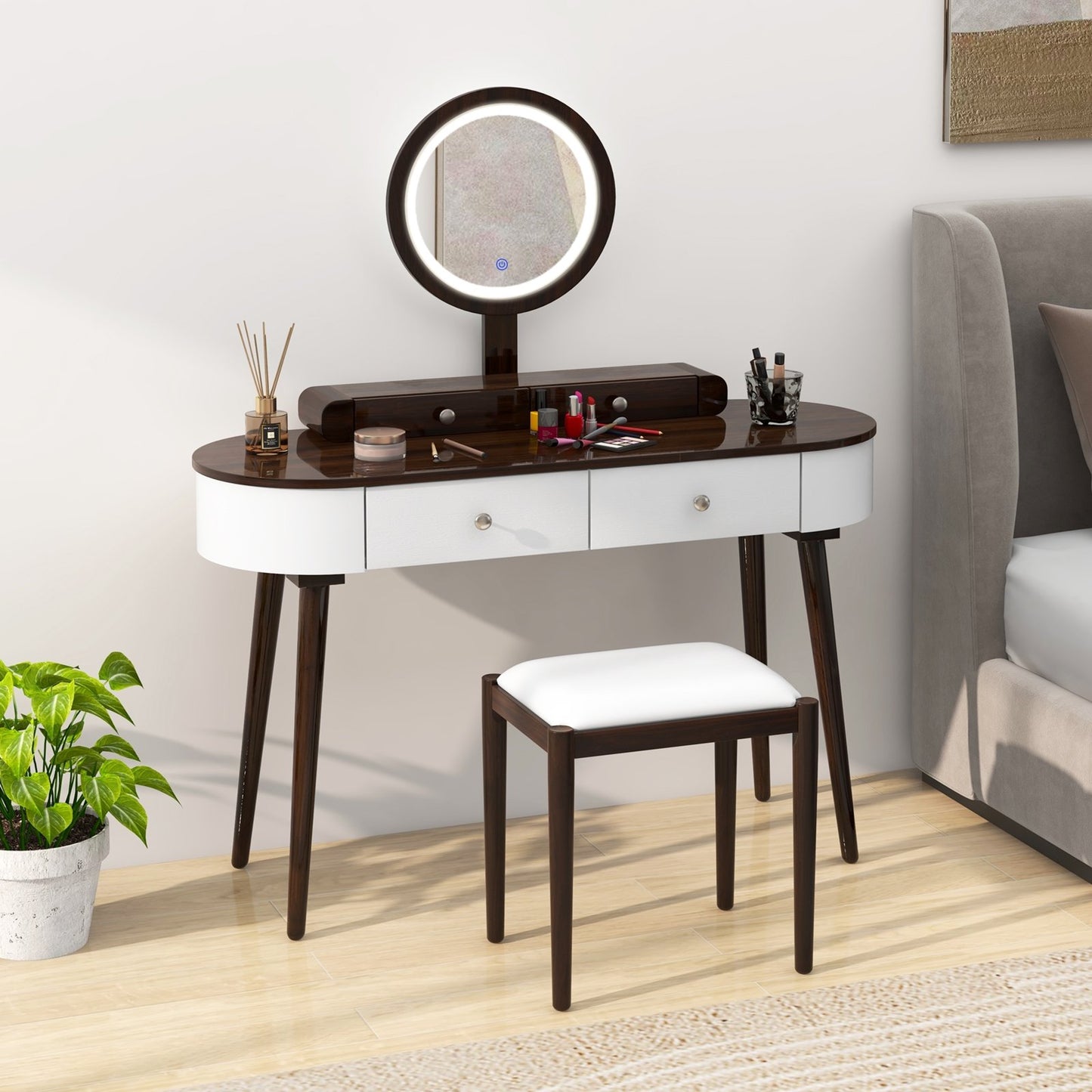Makeup Vanity Table Set with LED Mirror and 3 Spacious Drawers-Black-Brown