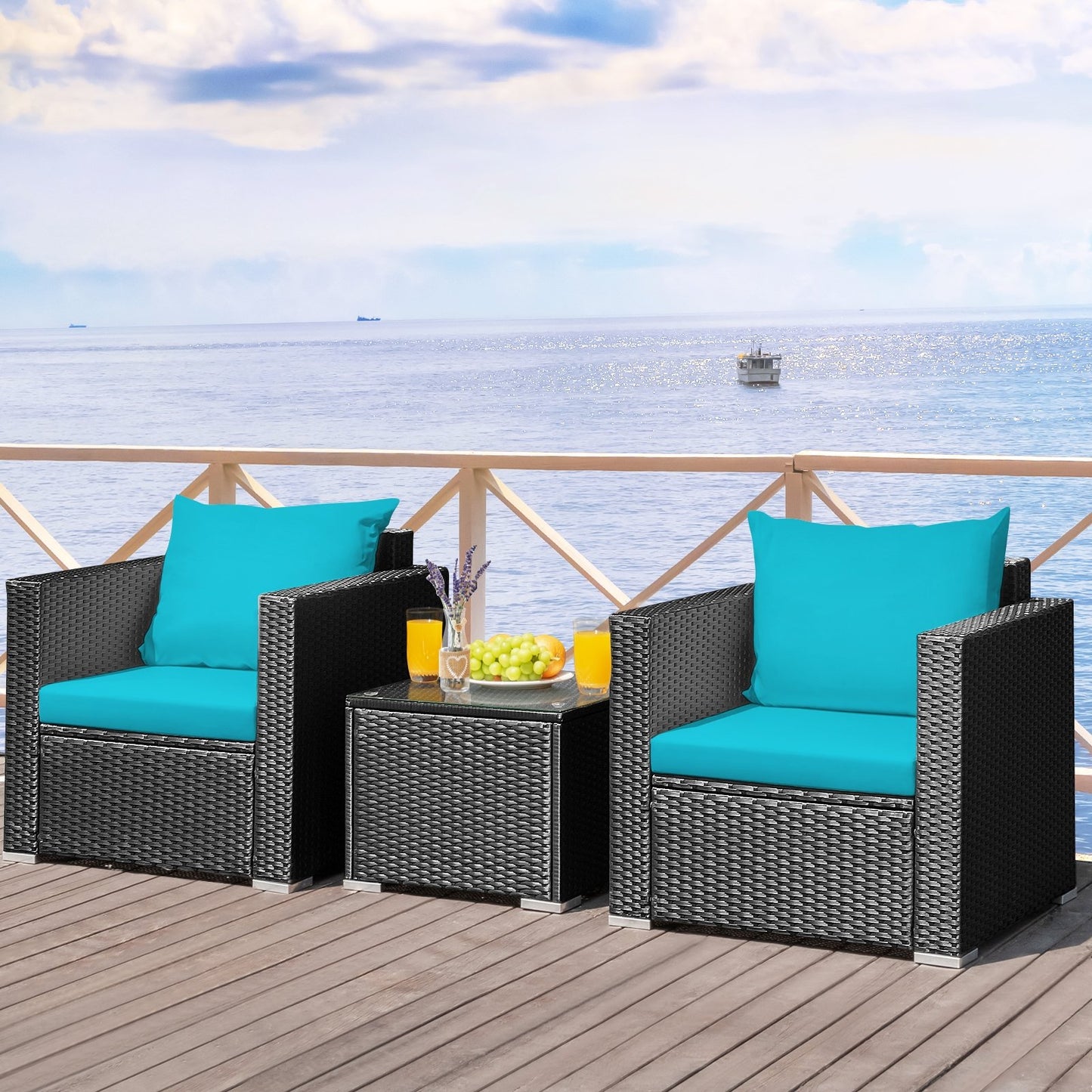 3 Pieces Patio Wicker Conversation Set with Cushion-Black