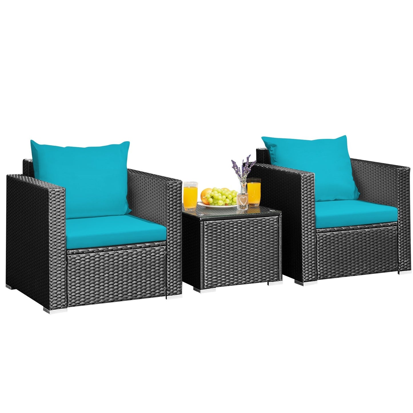 3 Pieces Patio Wicker Conversation Set with Cushion-Black