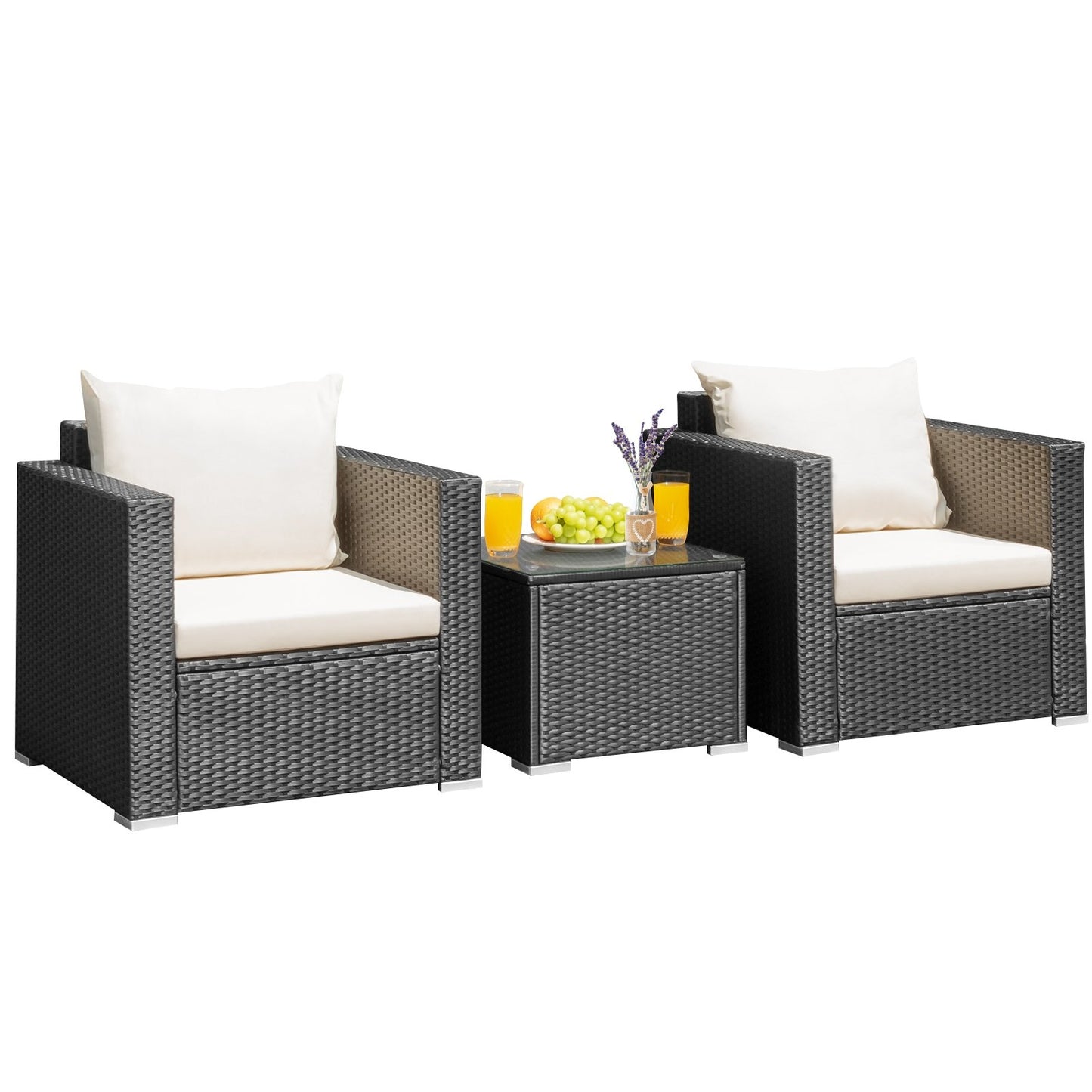 3 Pieces Patio Wicker Conversation Set with Cushion-Black