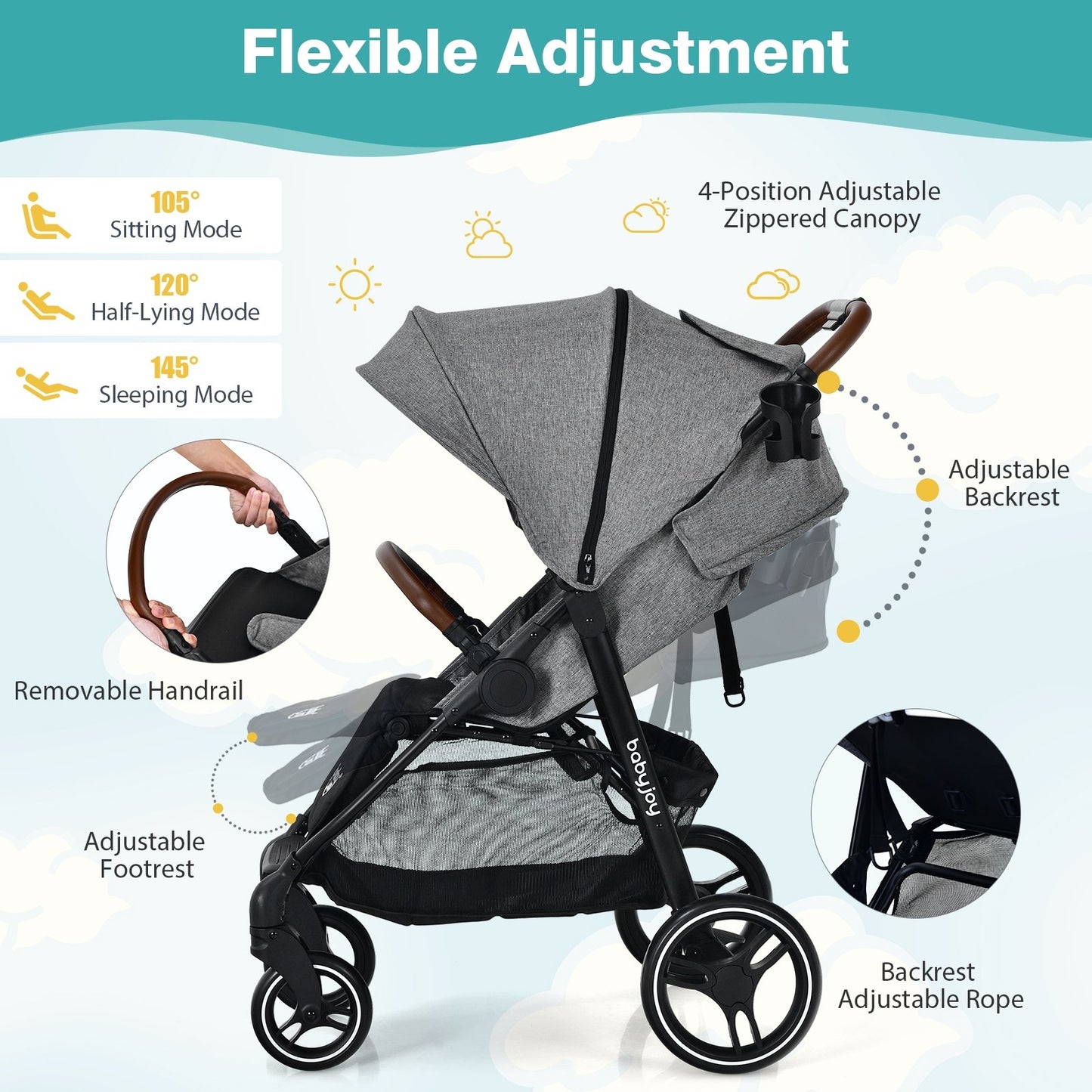 5-Point Harness Lightweight Infant Stroller with Foot Cover and Adjustable Backrest-Black