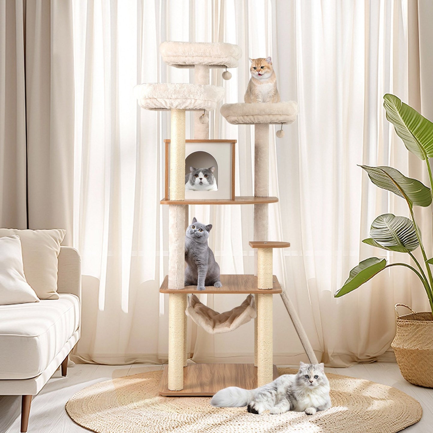 68 Inch Tall Cat Tree with 3 Padded Perches Condo and Sisal Scratching Posts-Natural