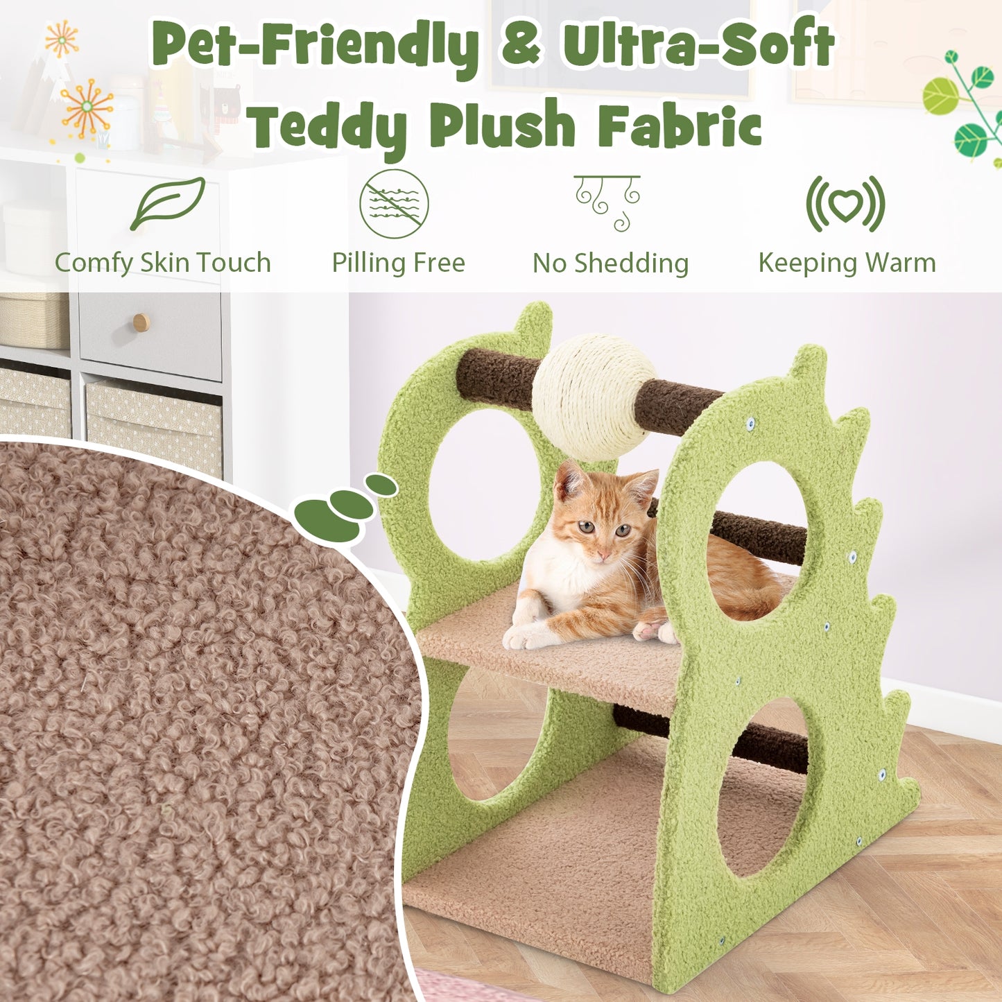 2-Tier Modern Cat Tree for Indoor Cats with Rotatable Sisal Scratching Ball-Green