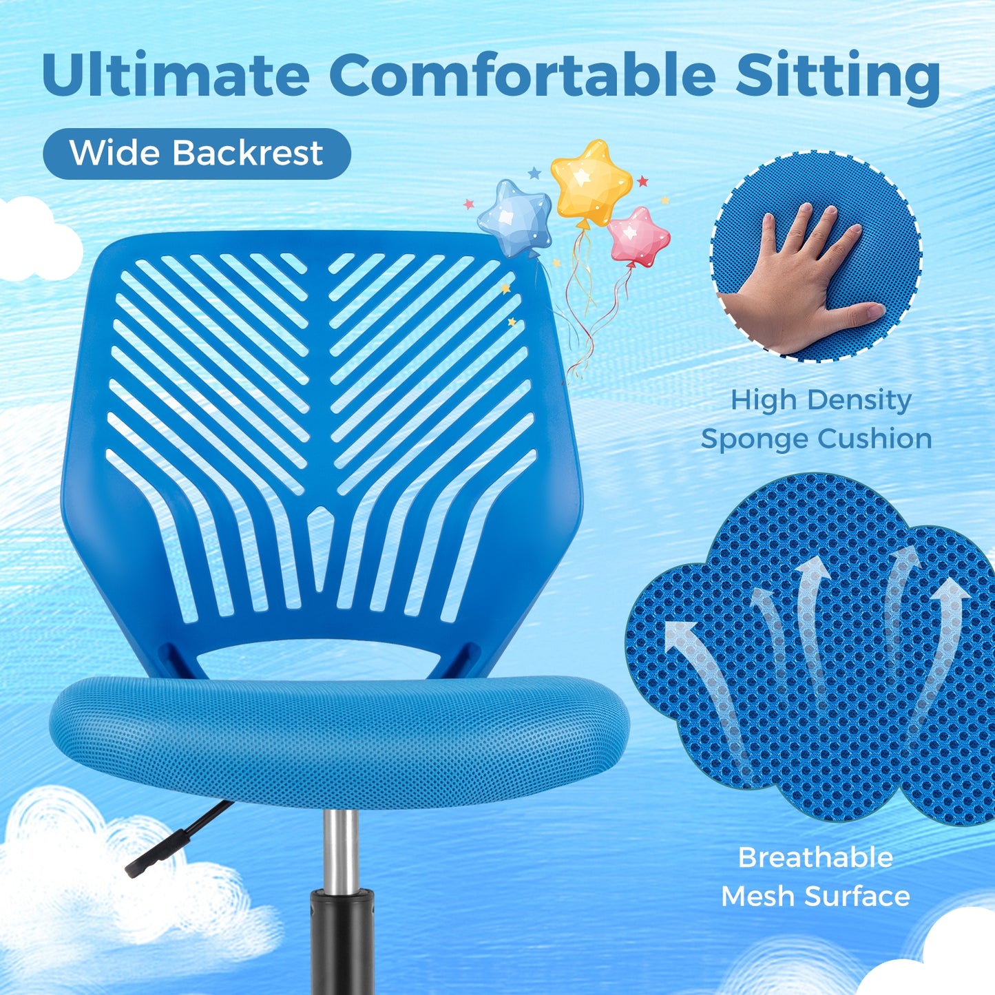 Height-adjustable Ergonomic Kids Desk Chair with Universal Casters-Blue