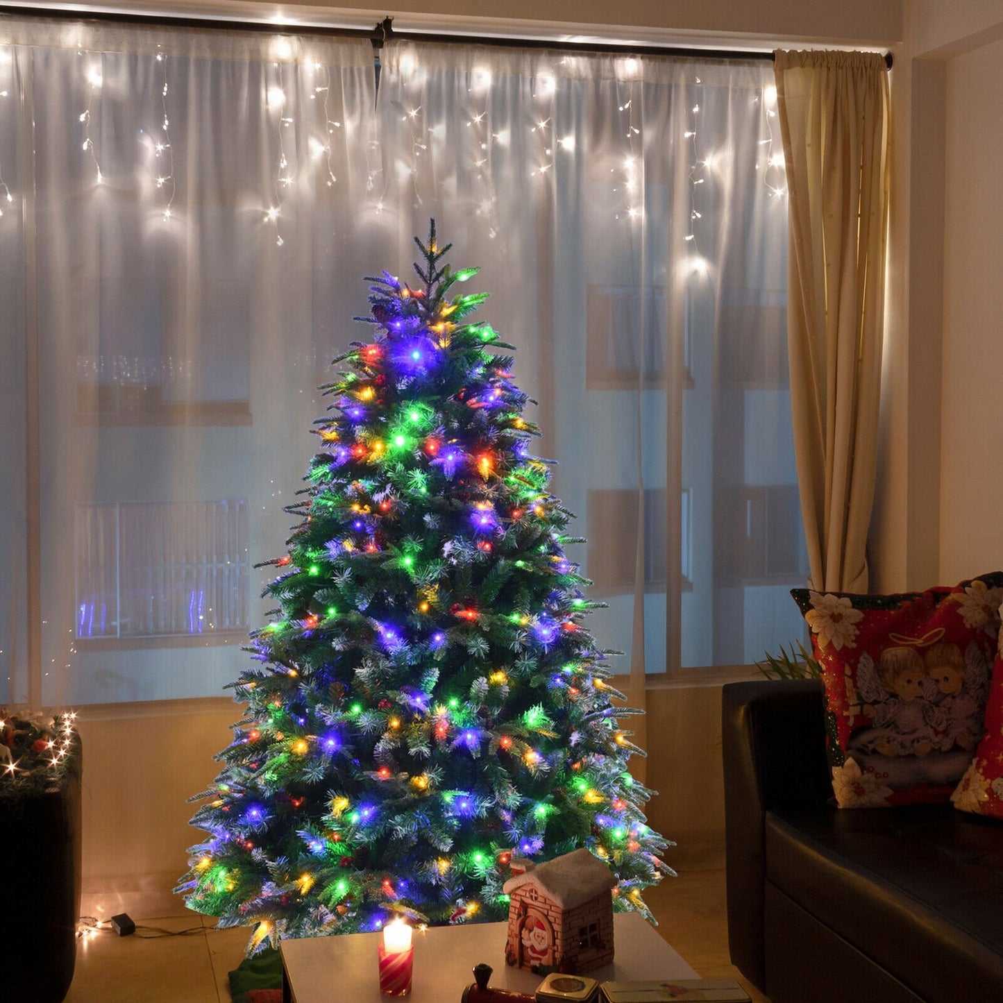 Pre-Lit Snowy Christmas Hinged Tree with Flash Modes and Multi-Color Lights-6 ft