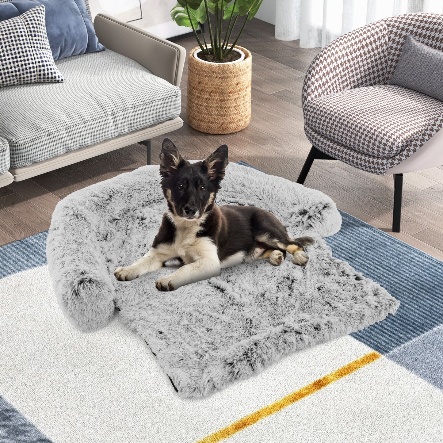 Gray Plush Calming Dog Couch Bed with Anti-Slip Bottom-L