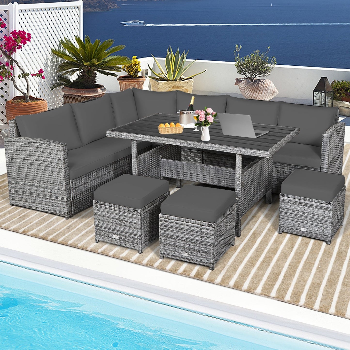 7 Pcs All-Weather Patio Rattan Dining Furniture Sectional Sofa Set with Wicker Ottoman and Cushed Couch-Off White
