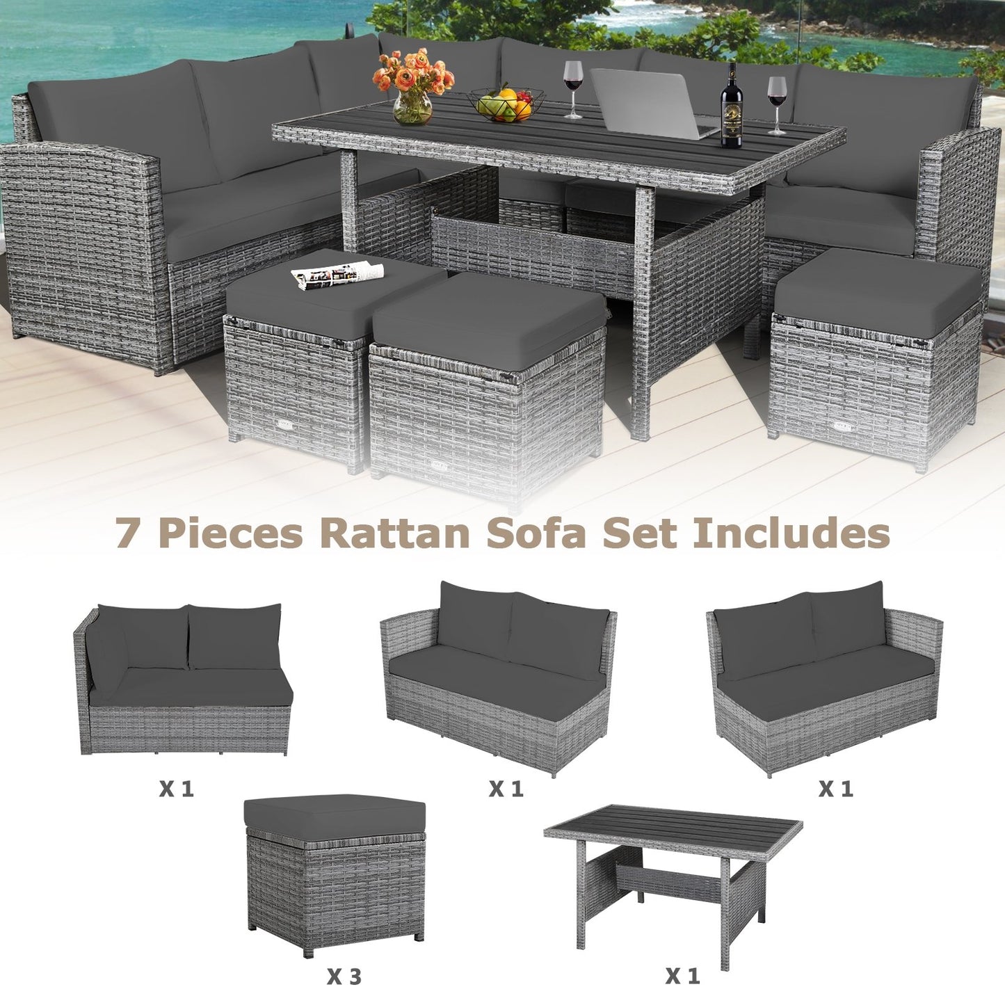 7 Pcs All-Weather Patio Rattan Dining Furniture Sectional Sofa Set with Wicker Ottoman and Cushed Couch-Off White