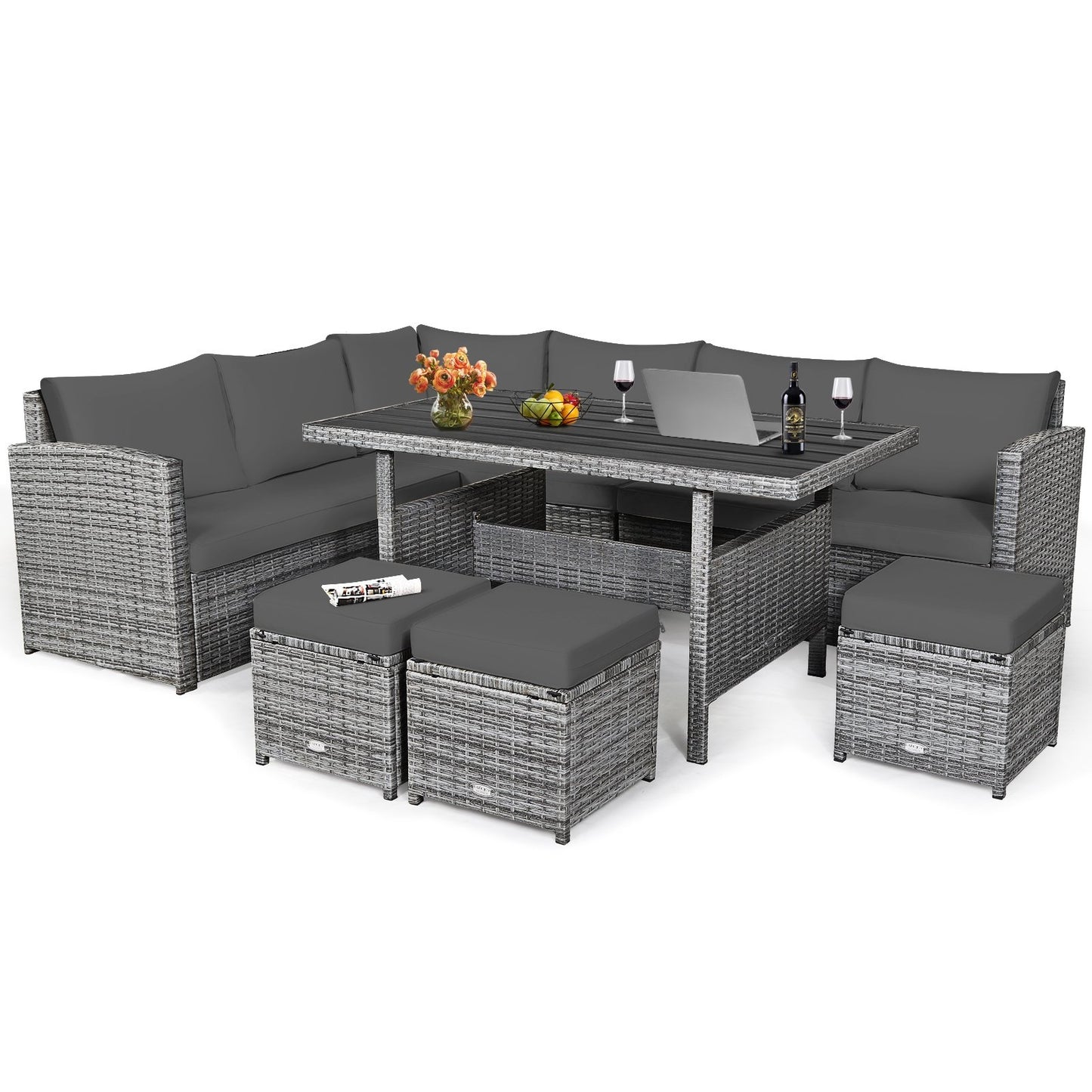 7 Pcs All-Weather Patio Rattan Dining Furniture Sectional Sofa Set with Wicker Ottoman and Cushed Couch-Off White