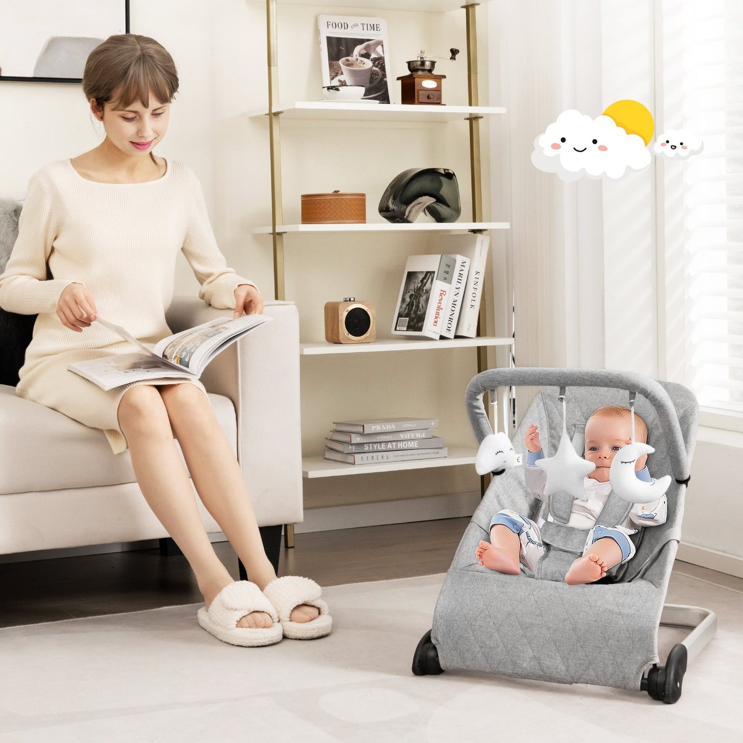 Foldable Baby Bouncer with Removable Fabric Cover and Toy Bar-Black