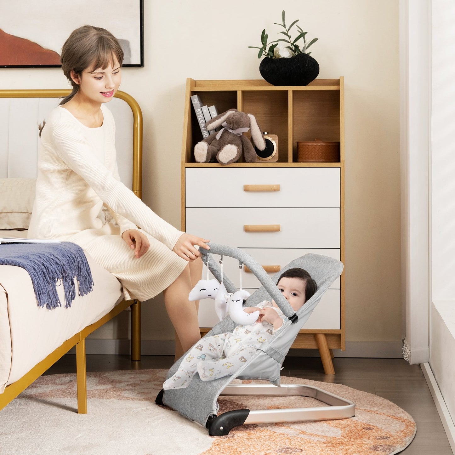 Foldable Baby Bouncer with Removable Fabric Cover and Toy Bar-Black