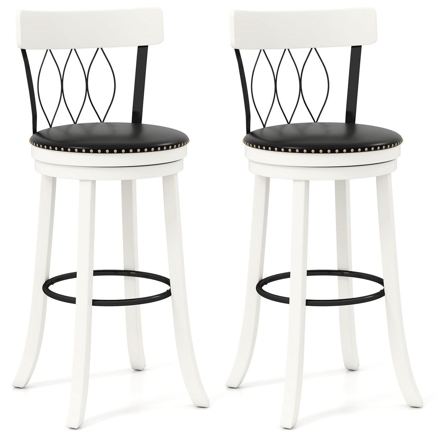 Set of 2 Bar Stools Swivel Bar Chairs with Footrest Rubber Wood Frame and Tufted Rivets-26 inches