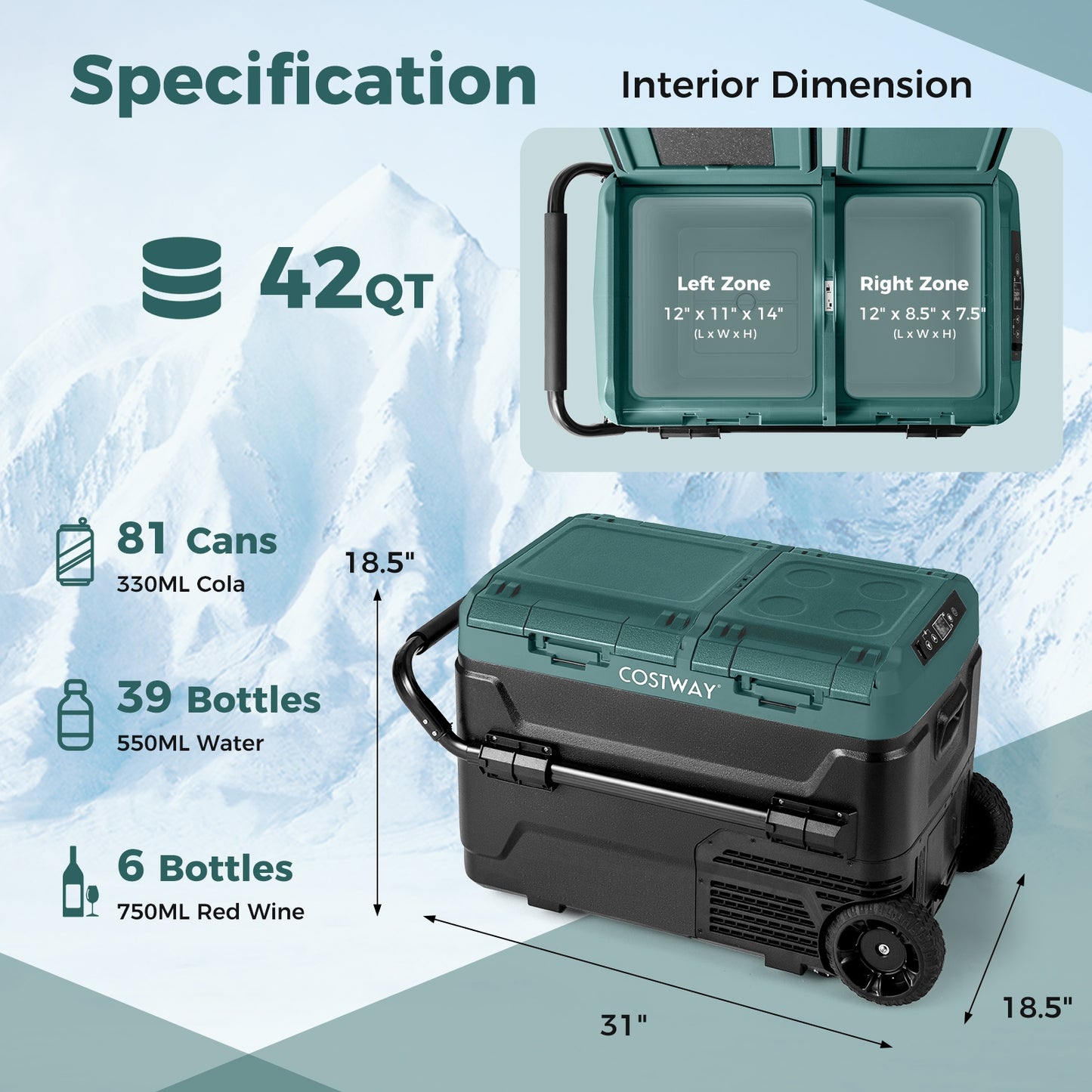 Dual Zone 12V 42QT Car Refrigerator for Vehicles Camping Travel Truck RV Boat Outdoor and Home Use-Green