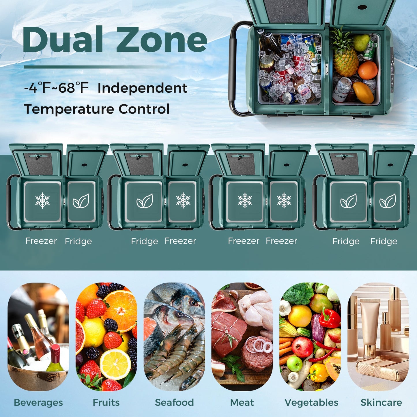 Dual Zone 12V 42QT Car Refrigerator for Vehicles Camping Travel Truck RV Boat Outdoor and Home Use-Green
