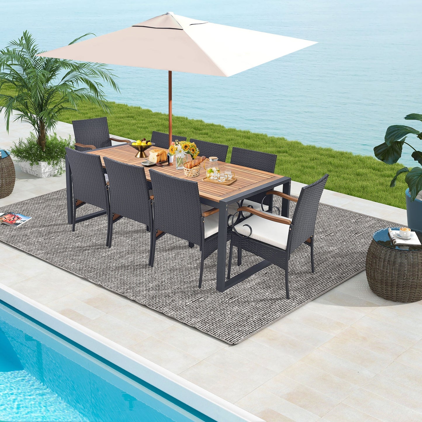 9 Pieces Patio Rattan Dining Set with Acacia Wood Table for Backyard Garden-Curved Handrail
