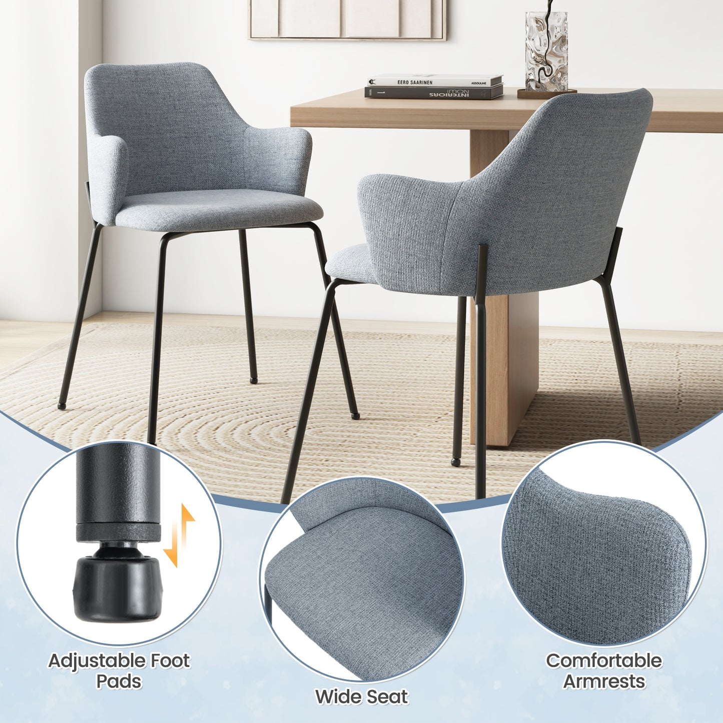 Dining Chairs Set of 2 with Curved Backrest Wide Seat and Armrests-Gray