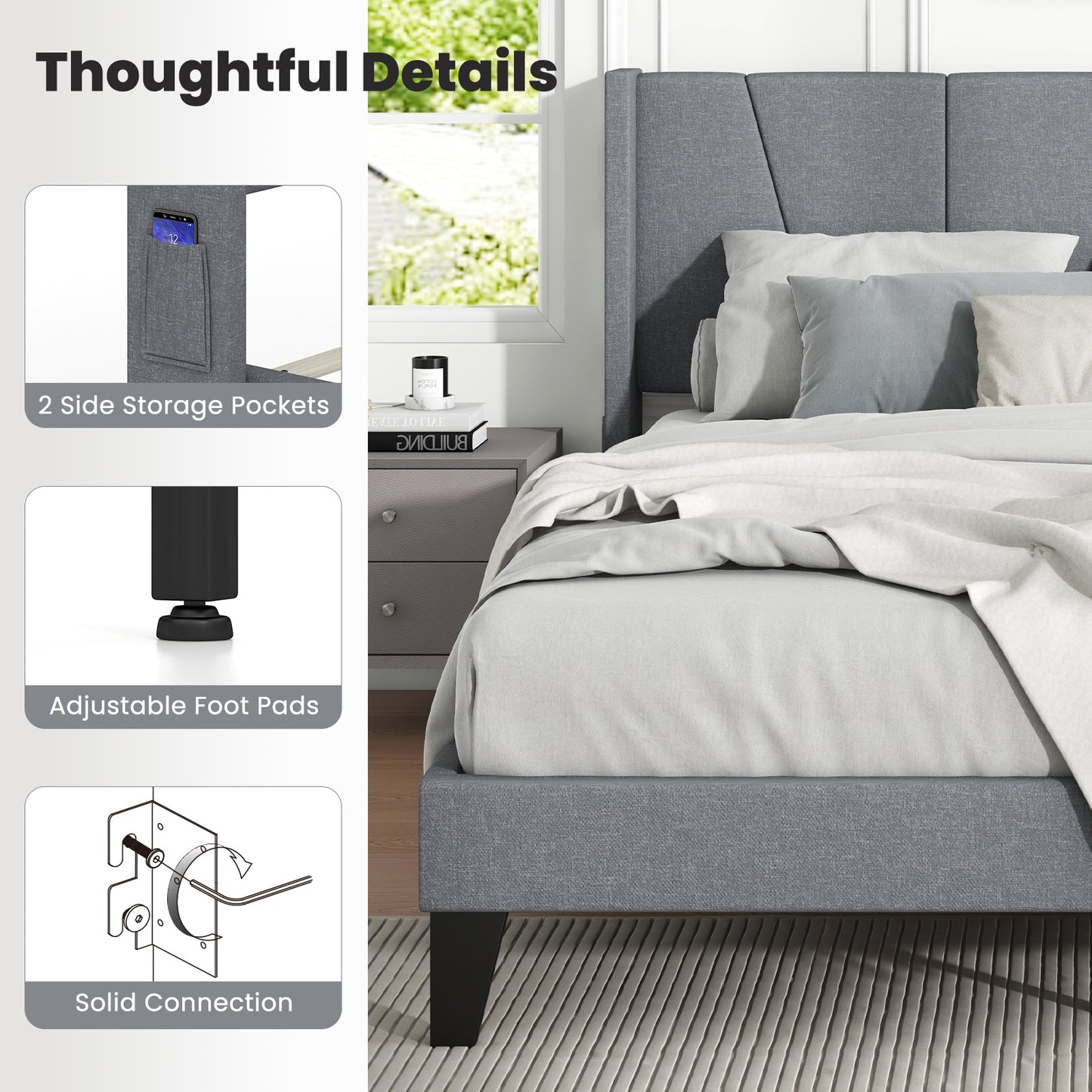 Full/Queen Size Bed Frame with Wingback Headboard and Wood Slat Support-Queen Size
