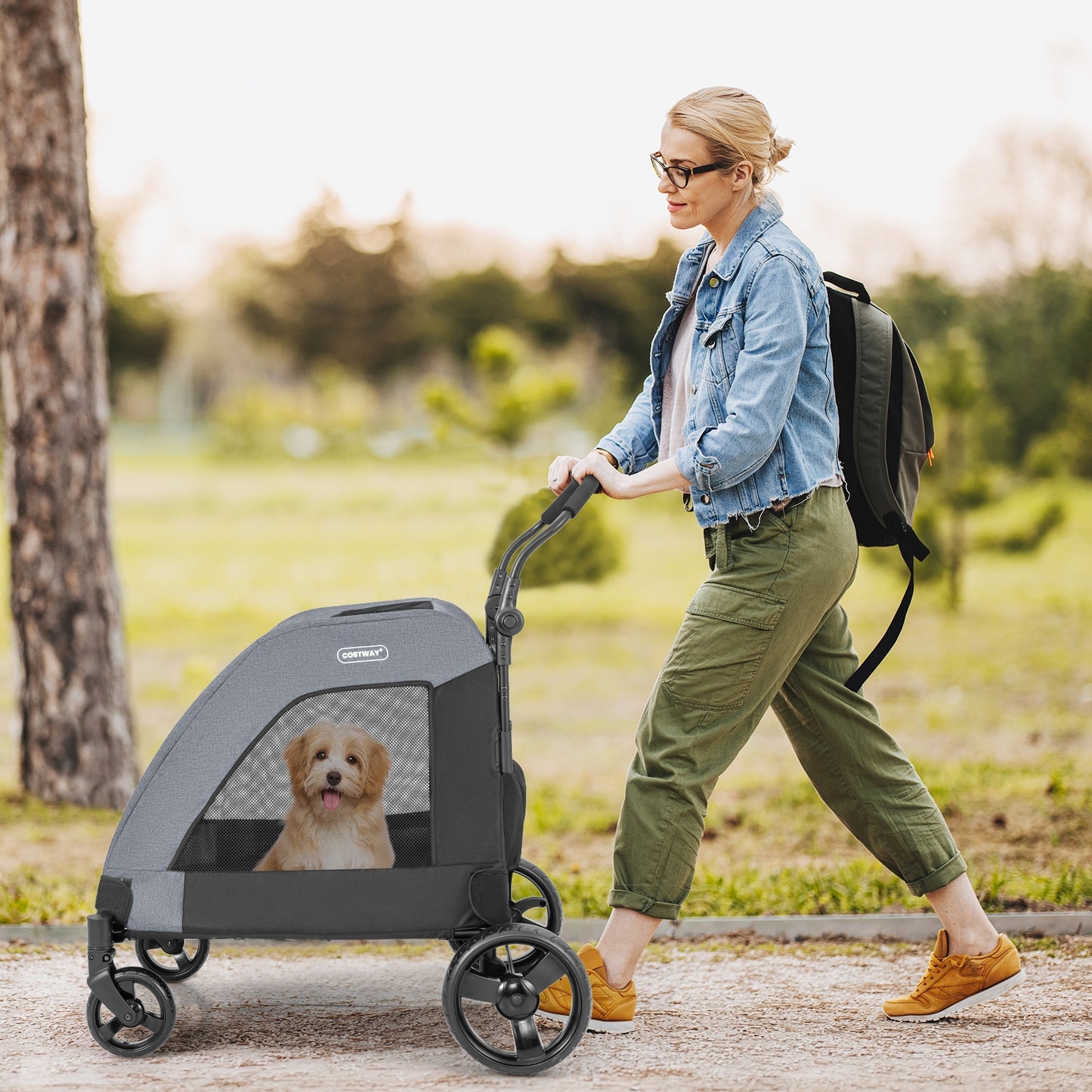 4 Wheels Extra Large Dog Stroller Foldable Pet Stroller with Dual Entry-Gray