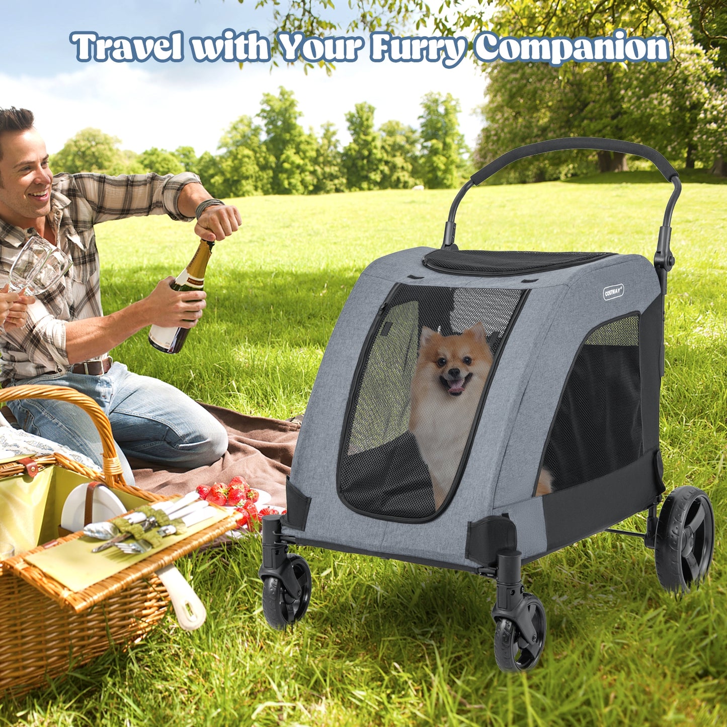 4 Wheels Extra Large Dog Stroller Foldable Pet Stroller with Dual Entry-Gray