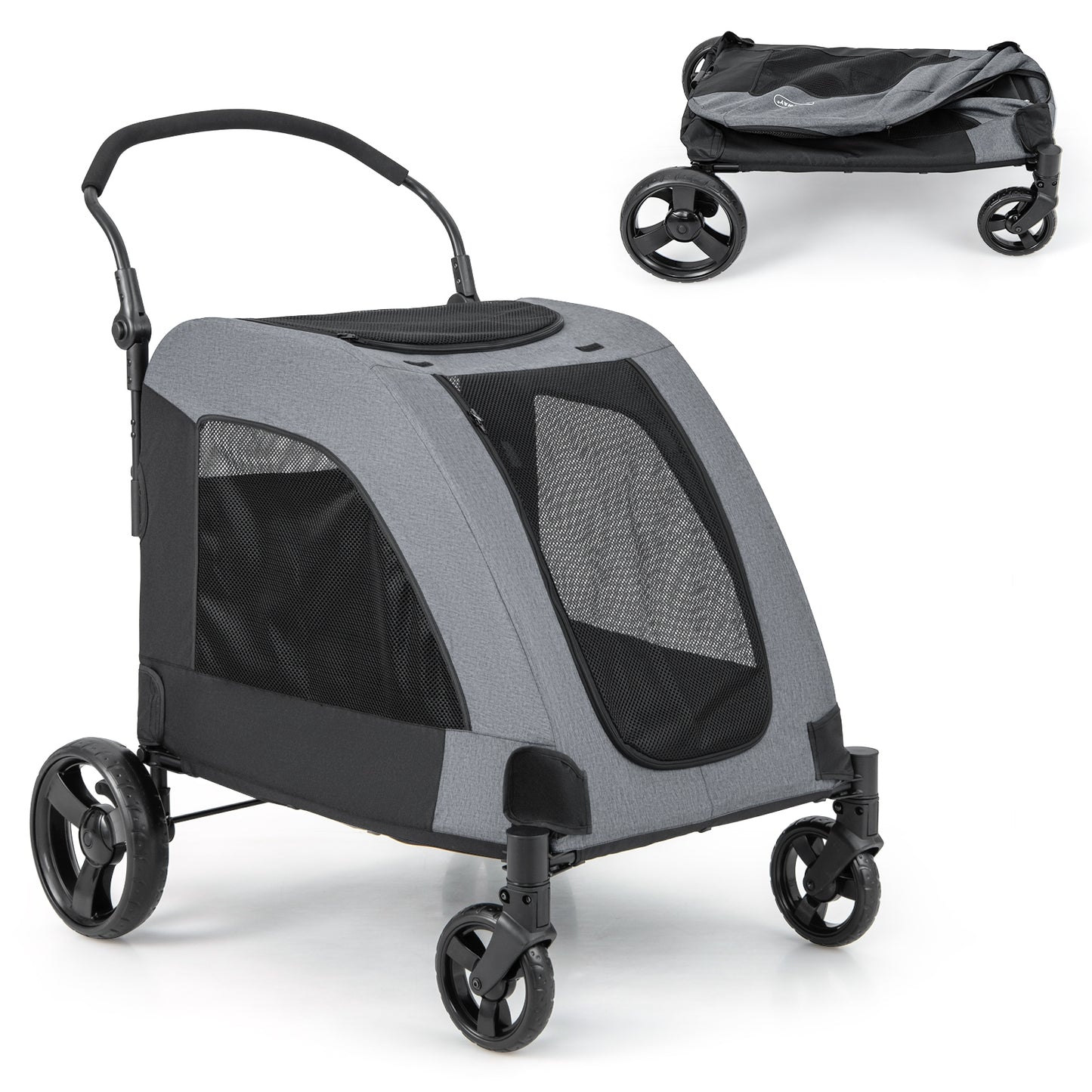 4 Wheels Extra Large Dog Stroller Foldable Pet Stroller with Dual Entry-Gray