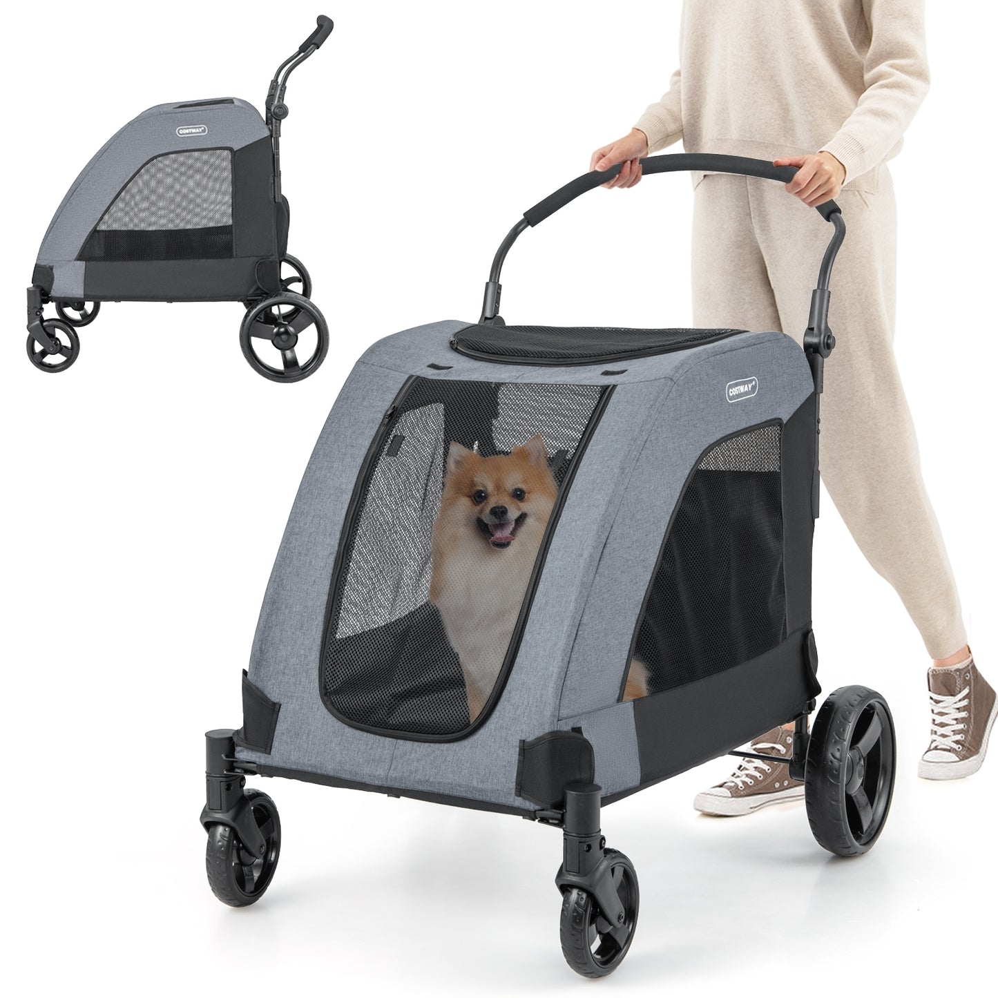4 Wheels Extra Large Dog Stroller Foldable Pet Stroller with Dual Entry-Gray