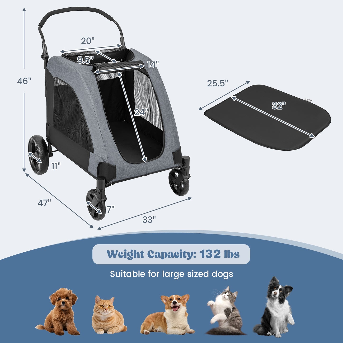 4 Wheels Extra Large Dog Stroller Foldable Pet Stroller with Dual Entry-Gray