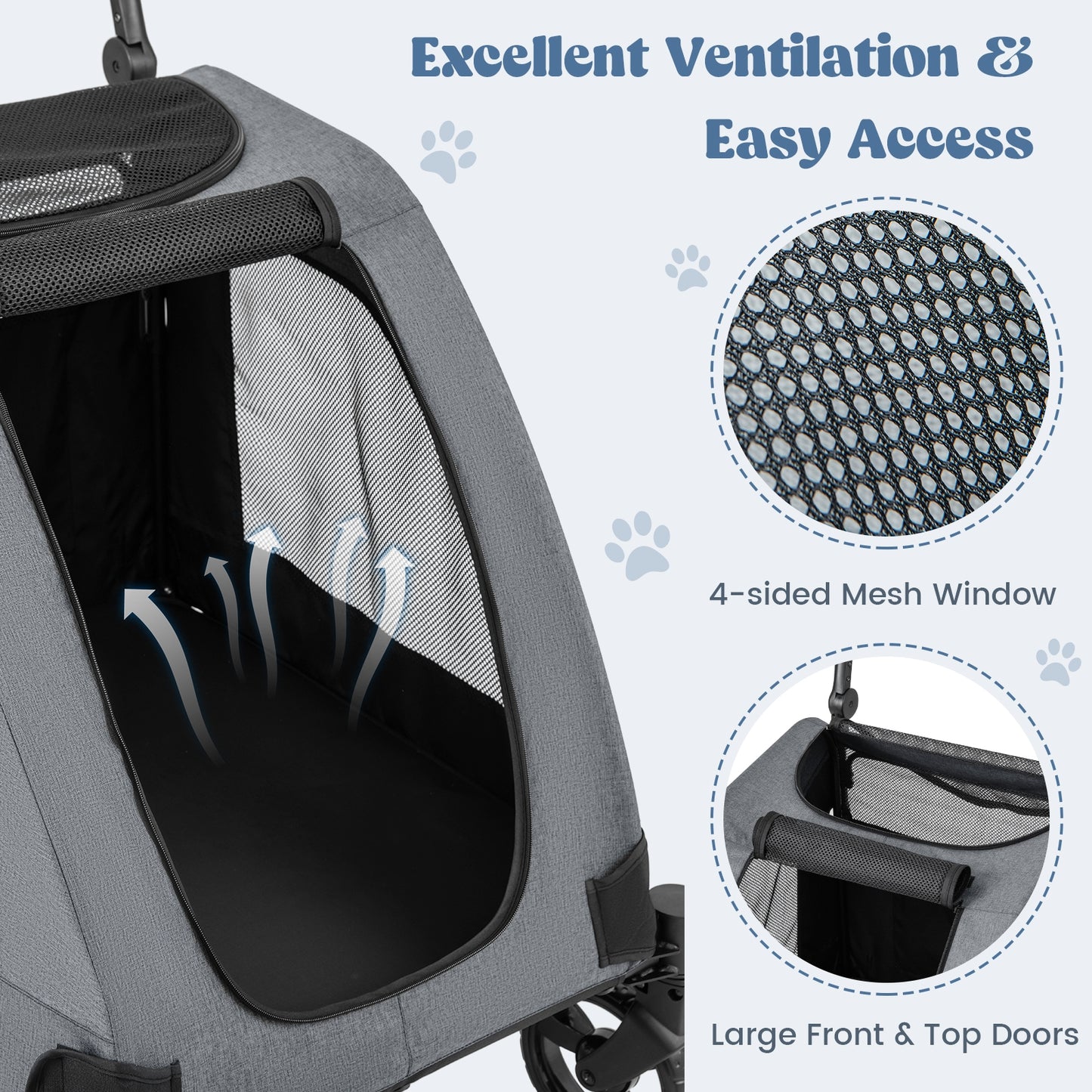 4 Wheels Extra Large Dog Stroller Foldable Pet Stroller with Dual Entry-Gray