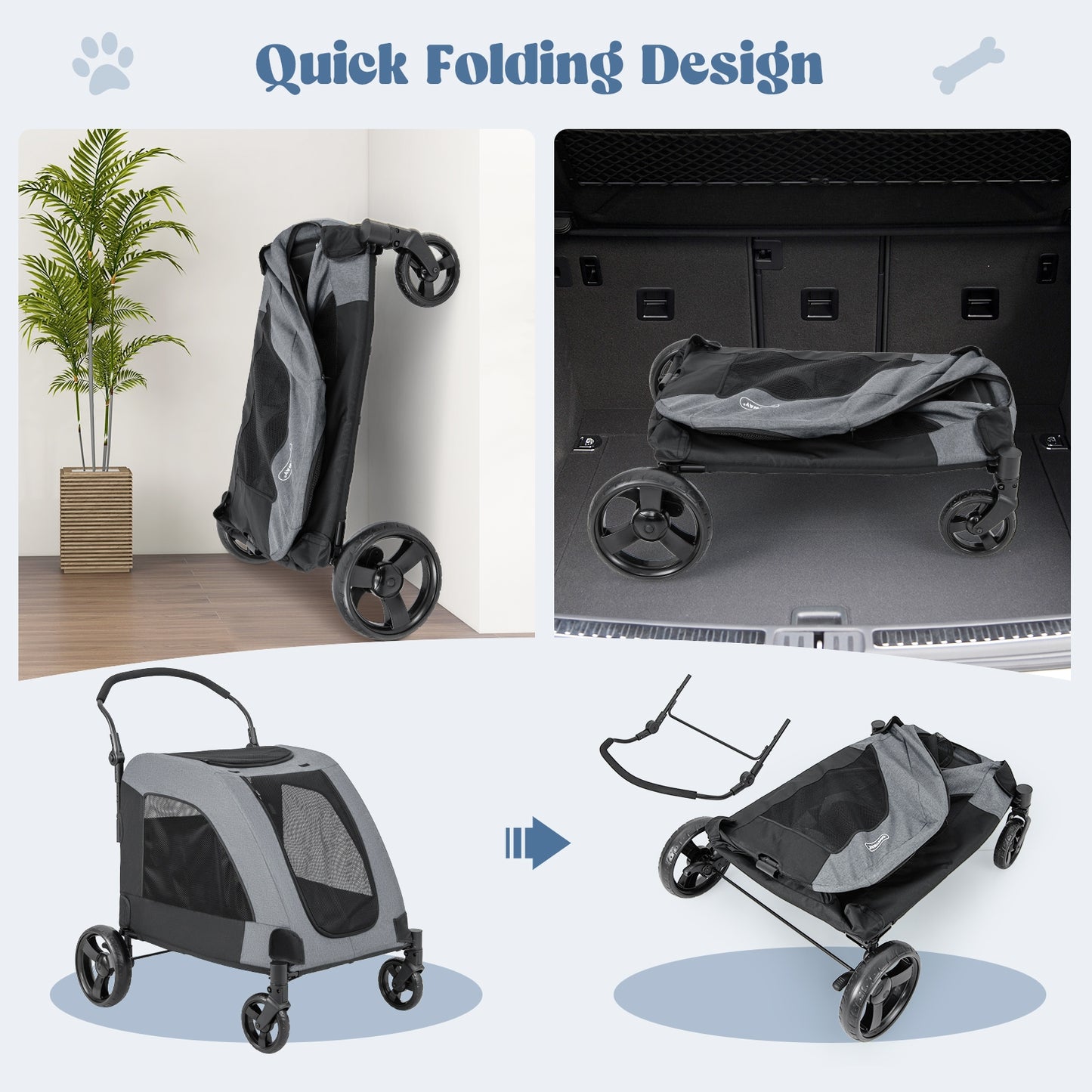 4 Wheels Extra Large Dog Stroller Foldable Pet Stroller with Dual Entry-Gray