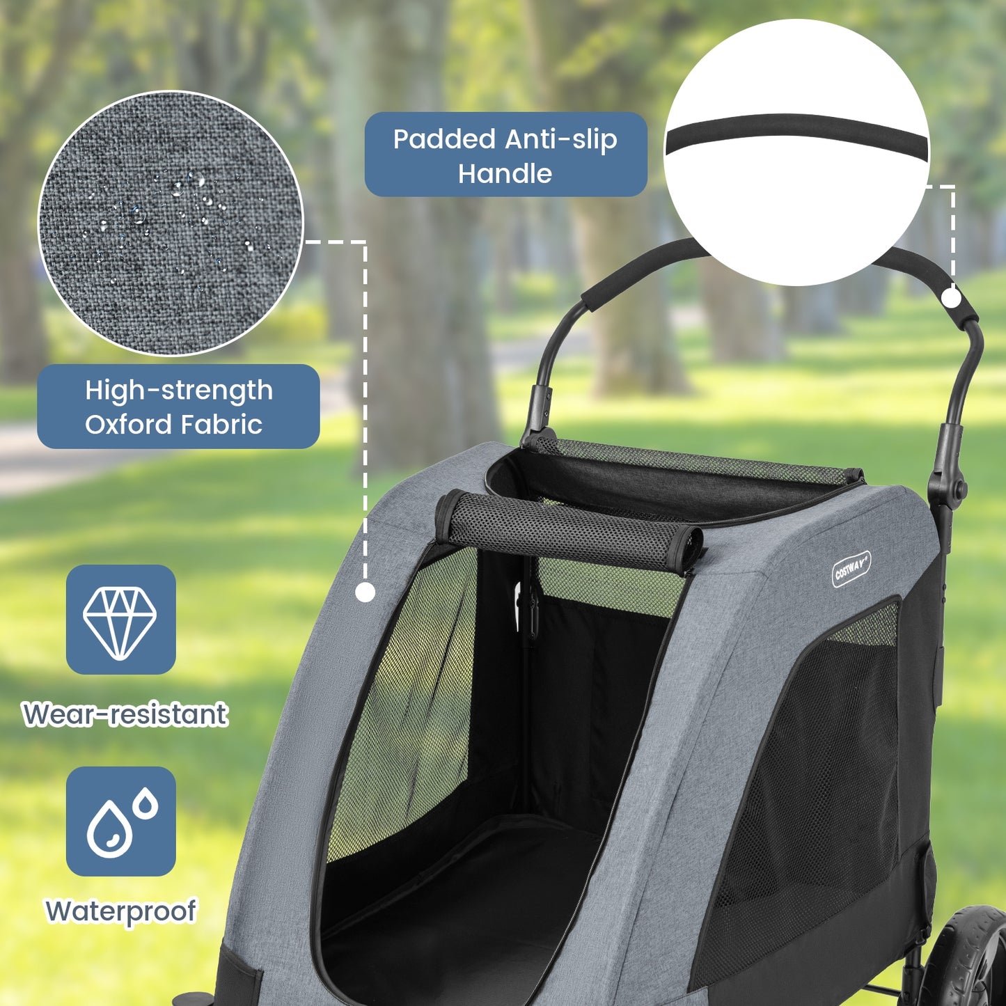 4 Wheels Extra Large Dog Stroller Foldable Pet Stroller with Dual Entry-Gray