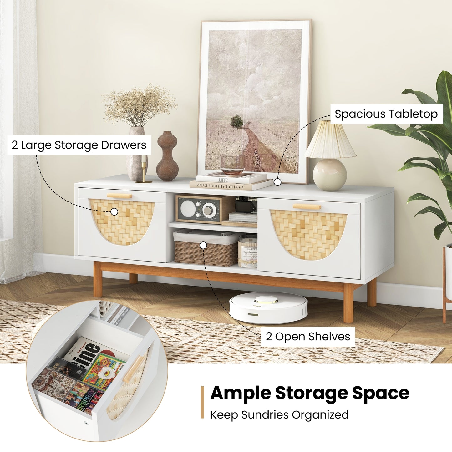 Mid Century Modern TV Stand Entertainment Center for 55-Inch TV with 2 Drawers and Bamboo Woven Fronts-White